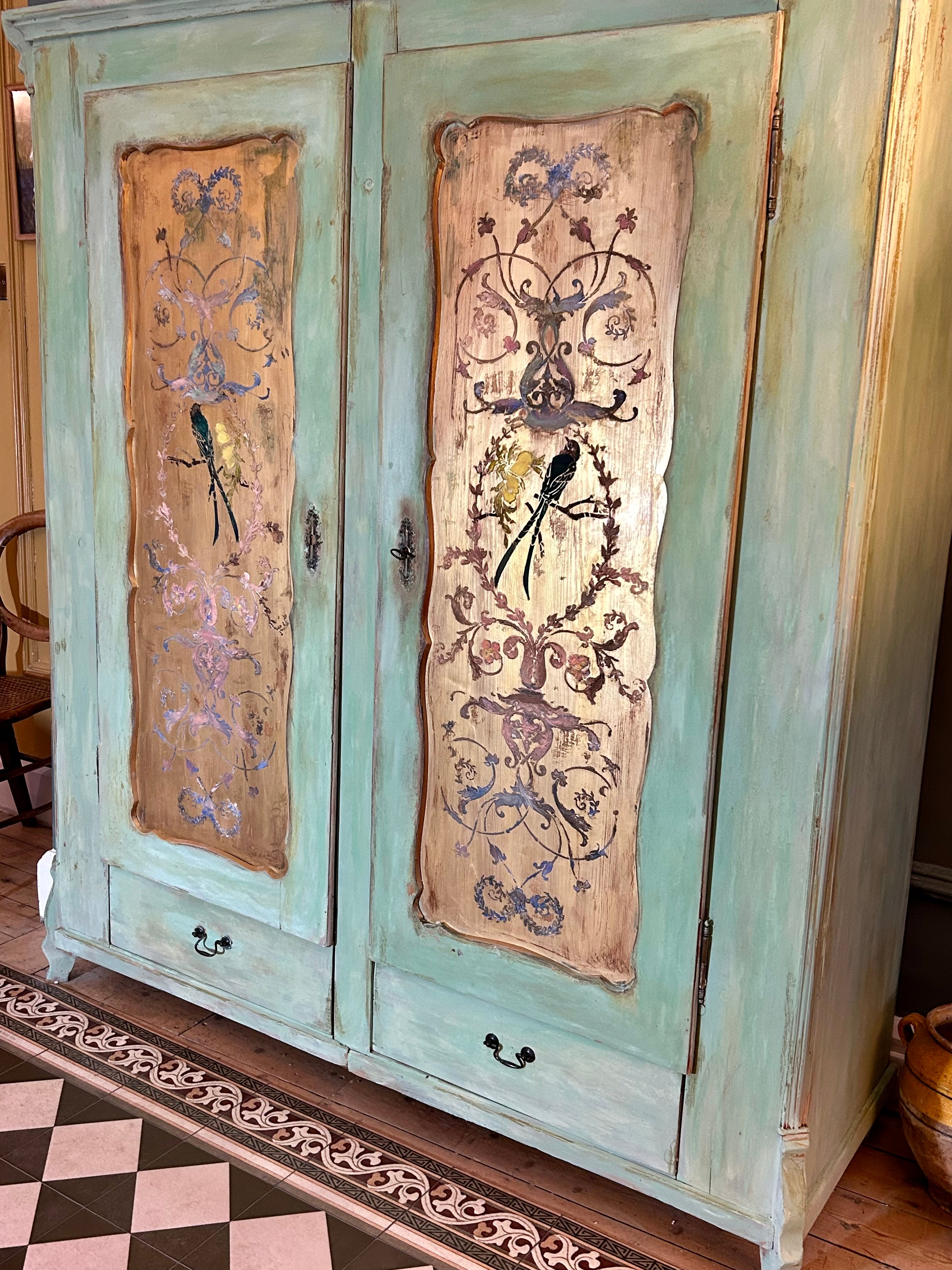 Vintage Painted Pine Wardrobe with Chinoiserie Panels