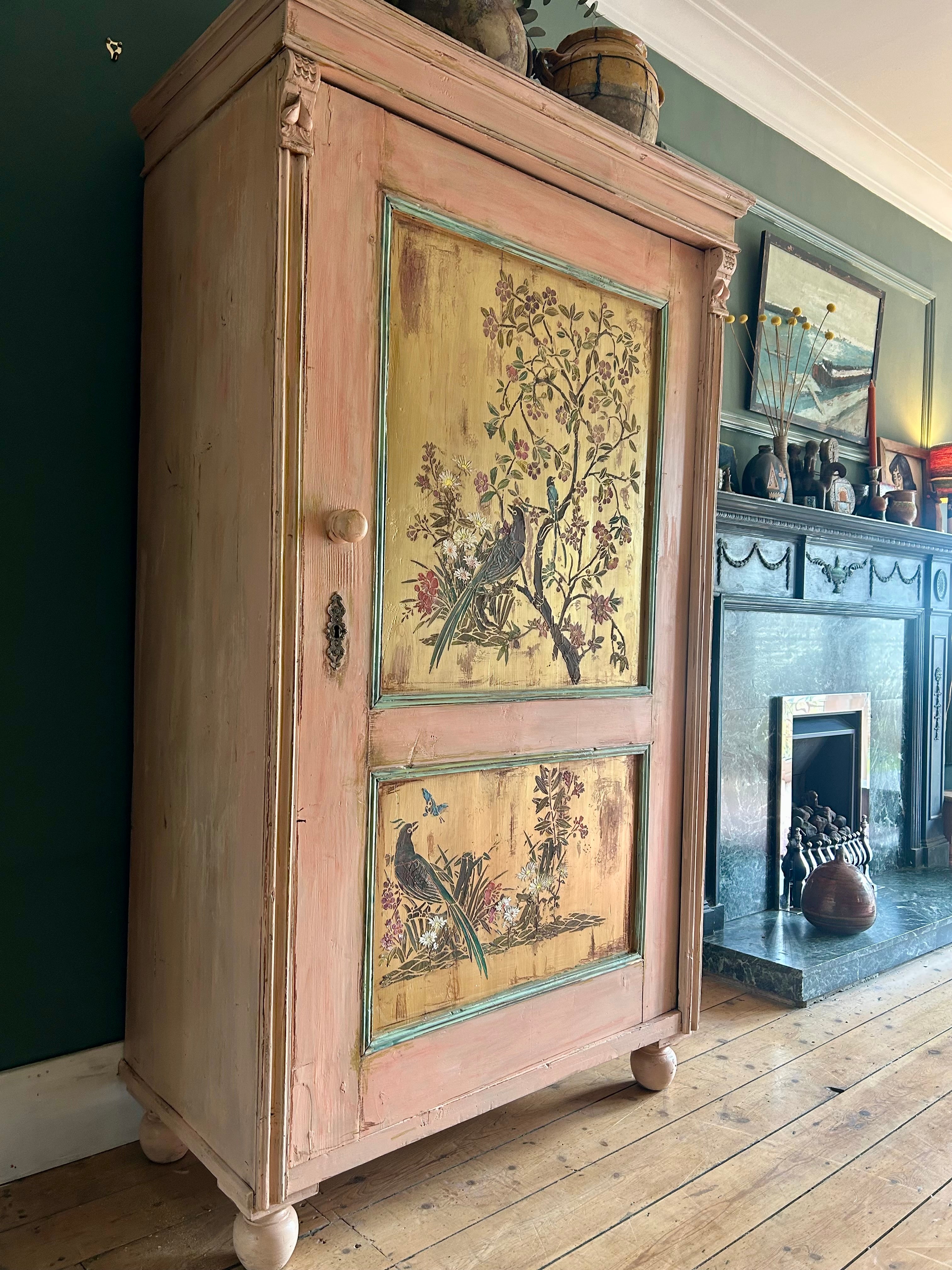 Vintage Painted Pine Cupboard with Inlaid Chinoiserie