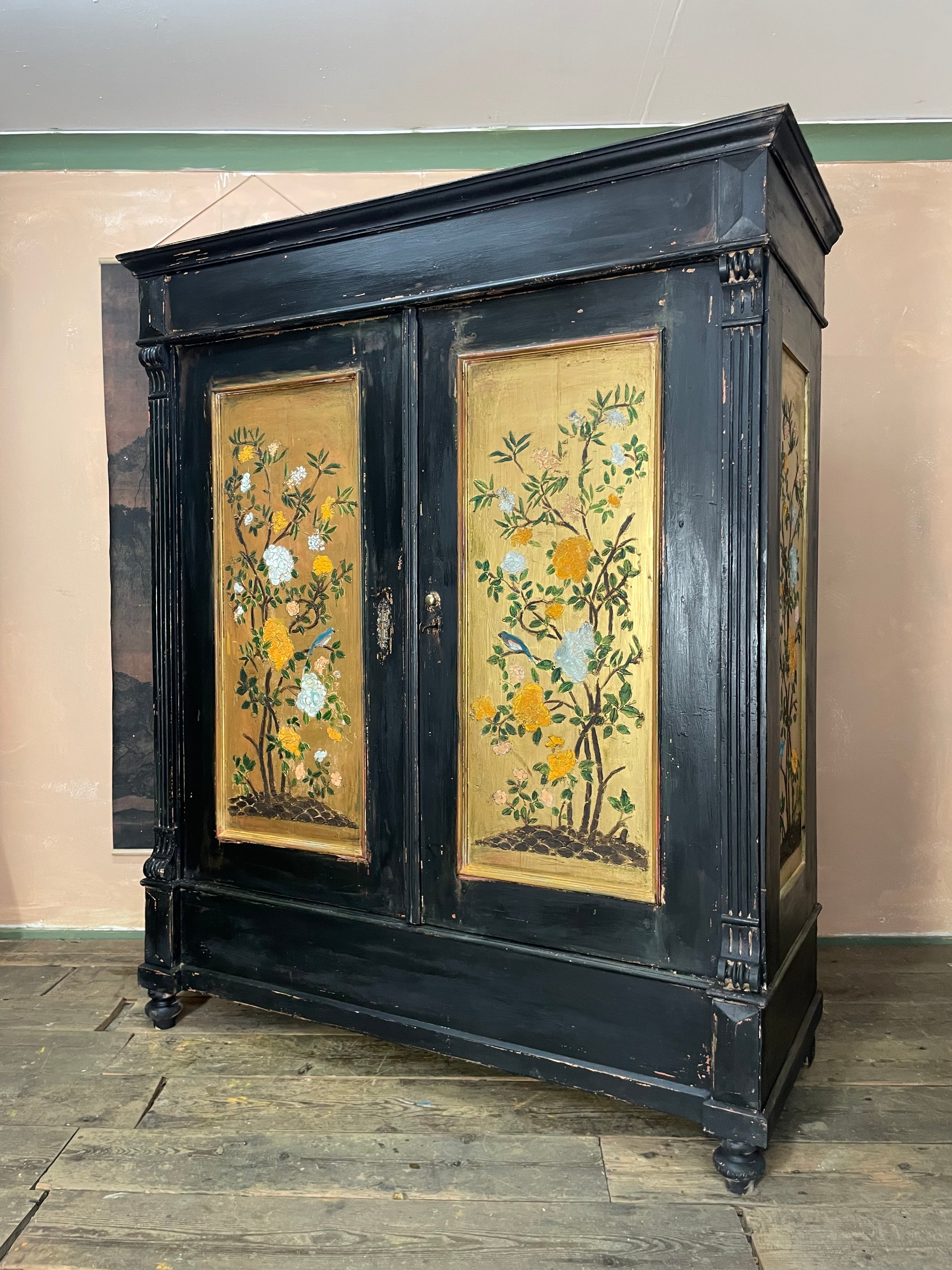 Vintage Painted Pine Wardrobe with Chinoiserie Panels