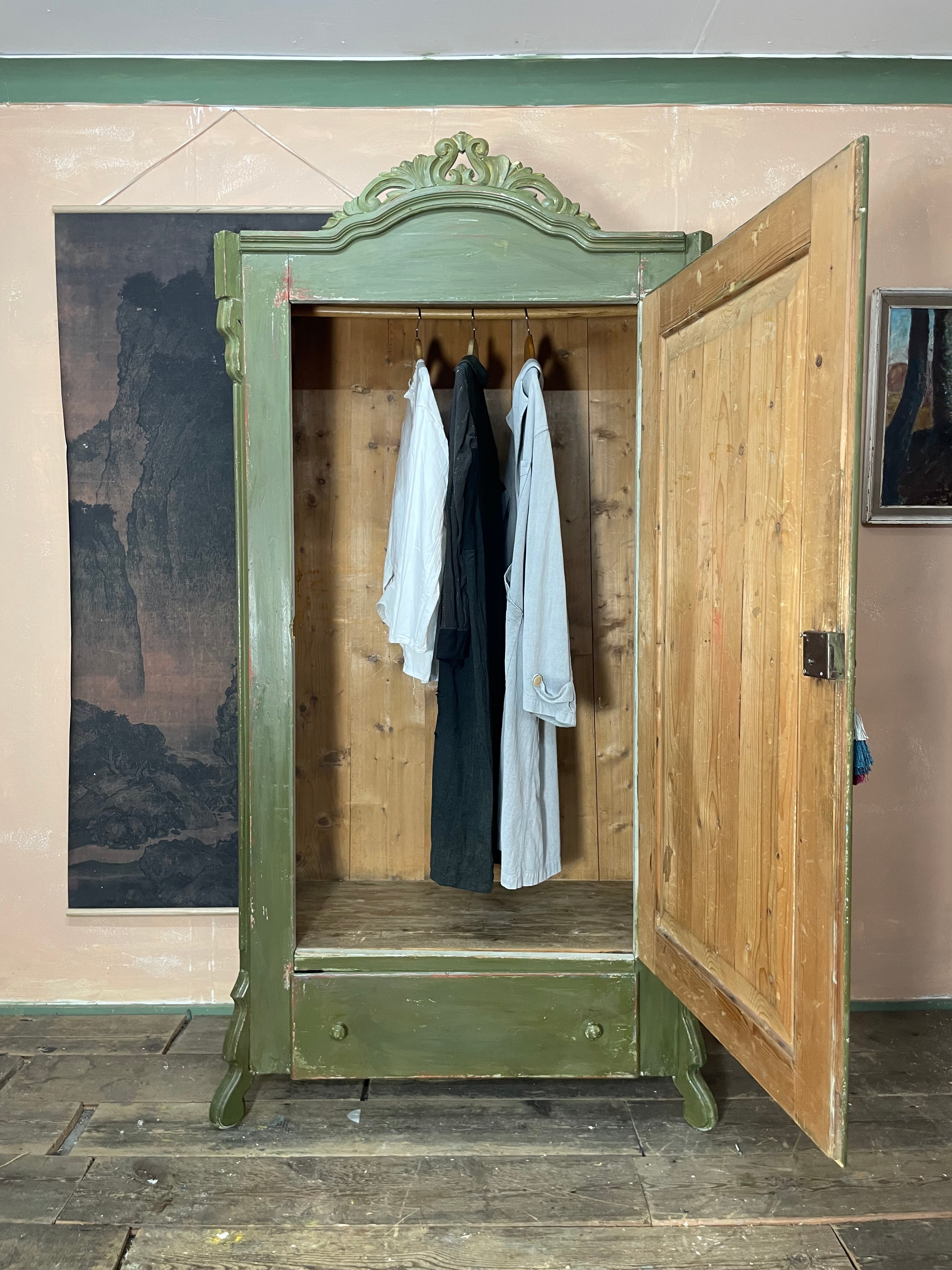 Vintage Painted Pine Wardrobe with Inlaid Boiserie Panel