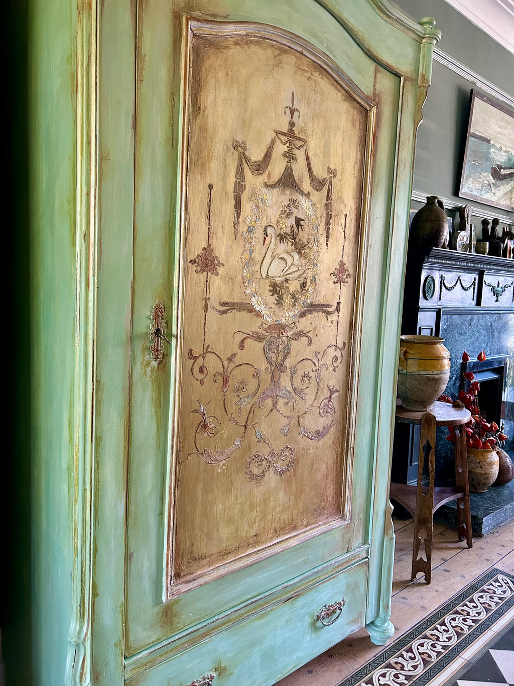 Vintage Painted Pine Armoire with Swan and Daisy Chinoiserie