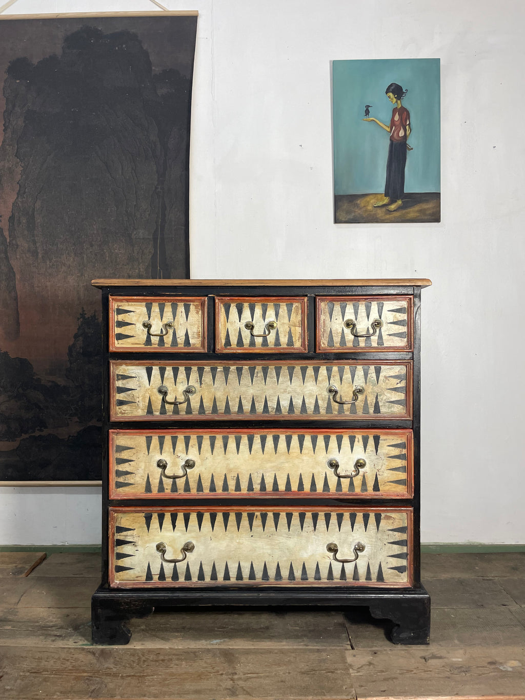 Vintage Painted Pine Folk Art Chest of Drawers