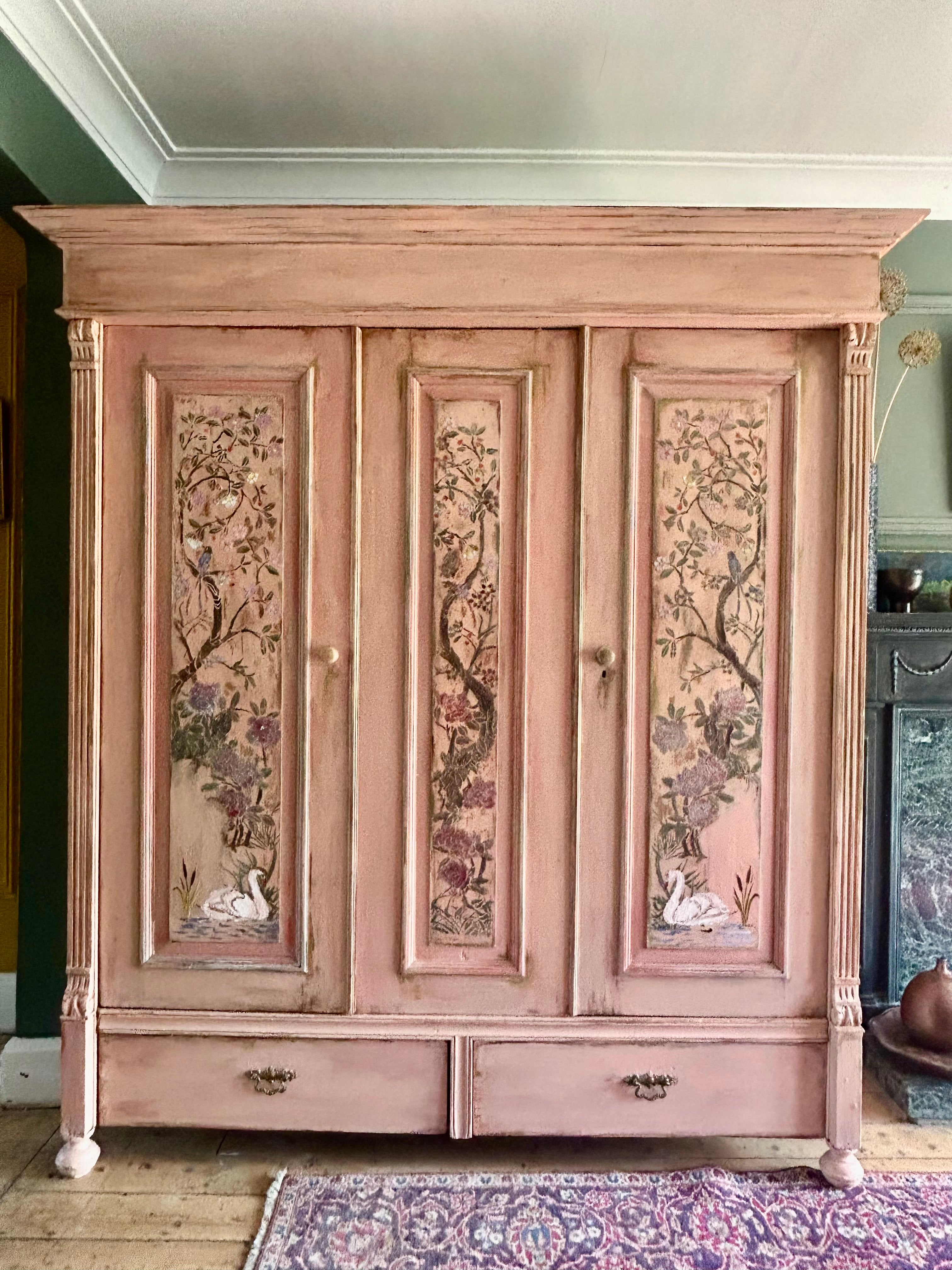 Painted Pine Triple wardrobe with Chinoiserie Panels