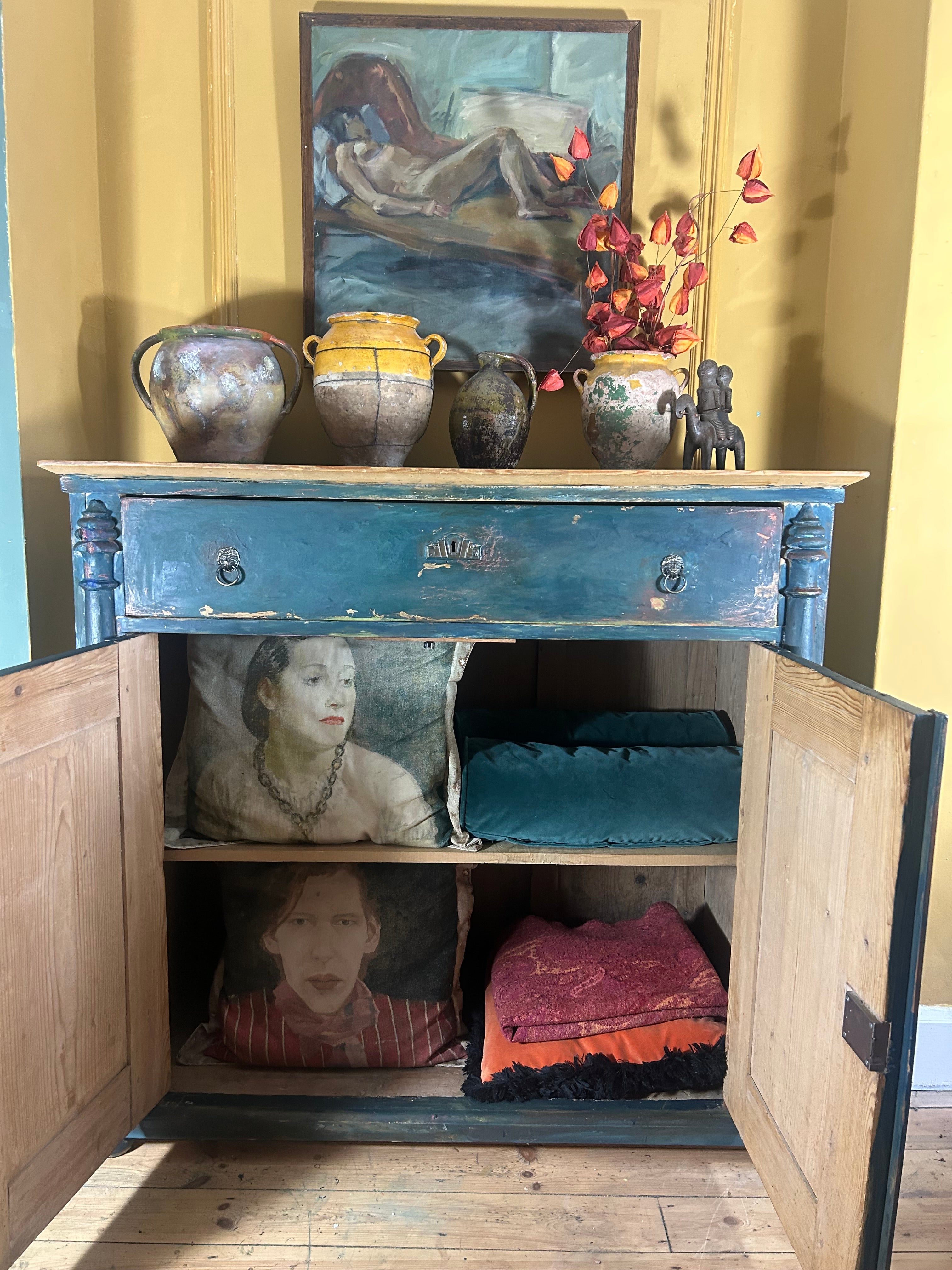 Antique Painted Linen Press with Folk Art Panels
