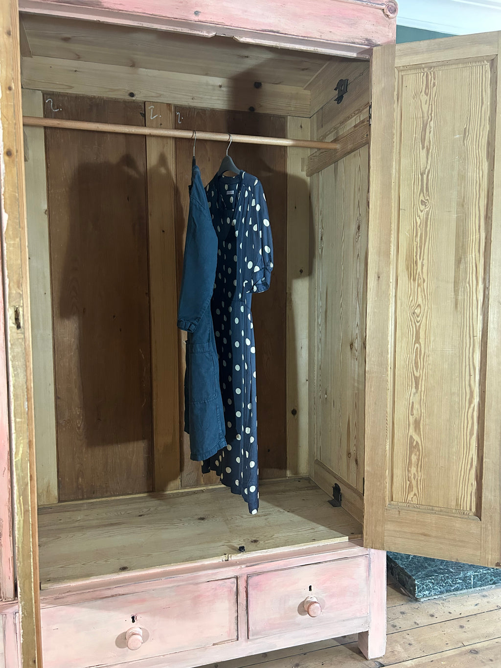 Vintage Painted Pine Triple Wardrobe with Inlaid Chinoiserie
