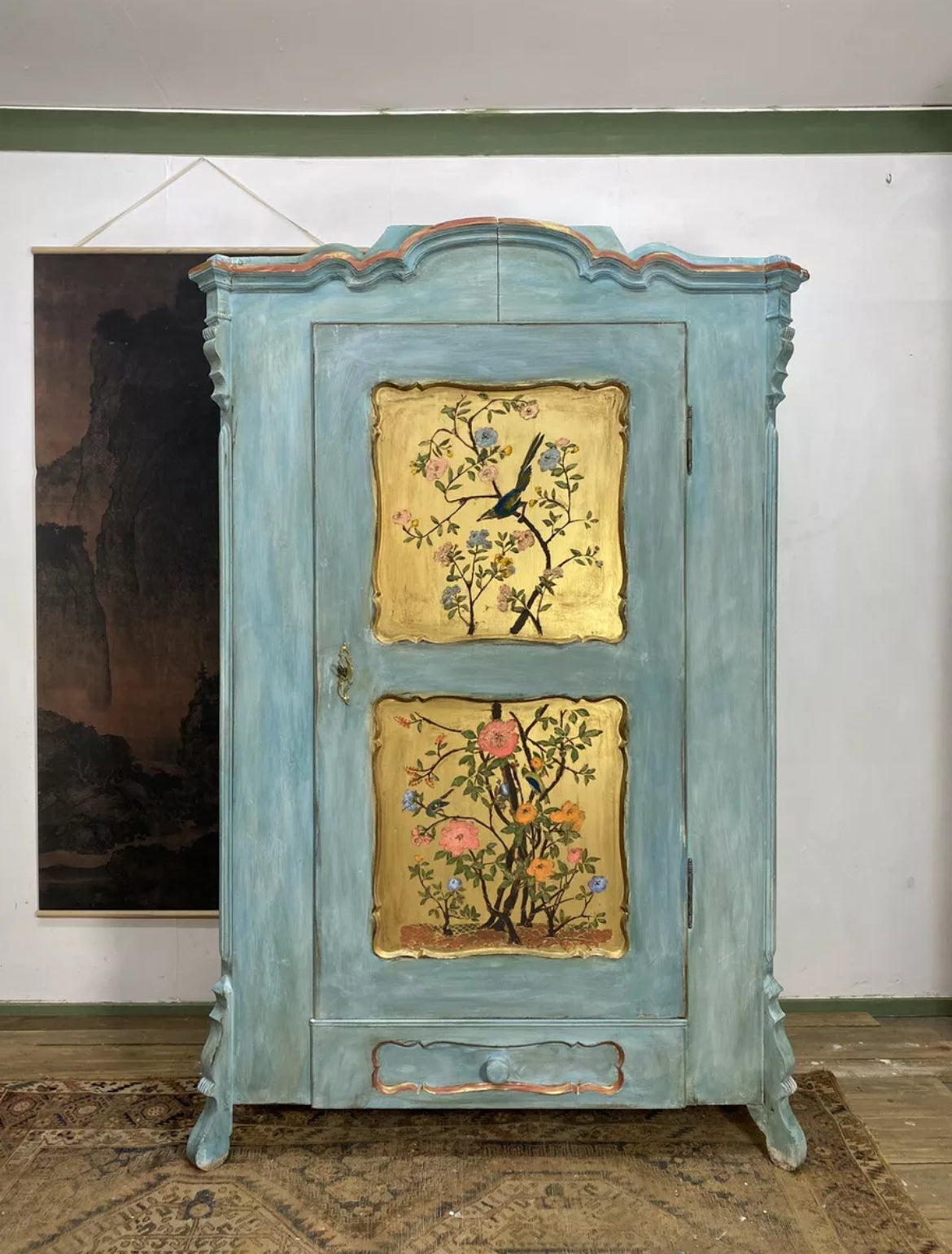 Vintage Painted Pine Wardrobe with Inlaid Bird Chinoiserie