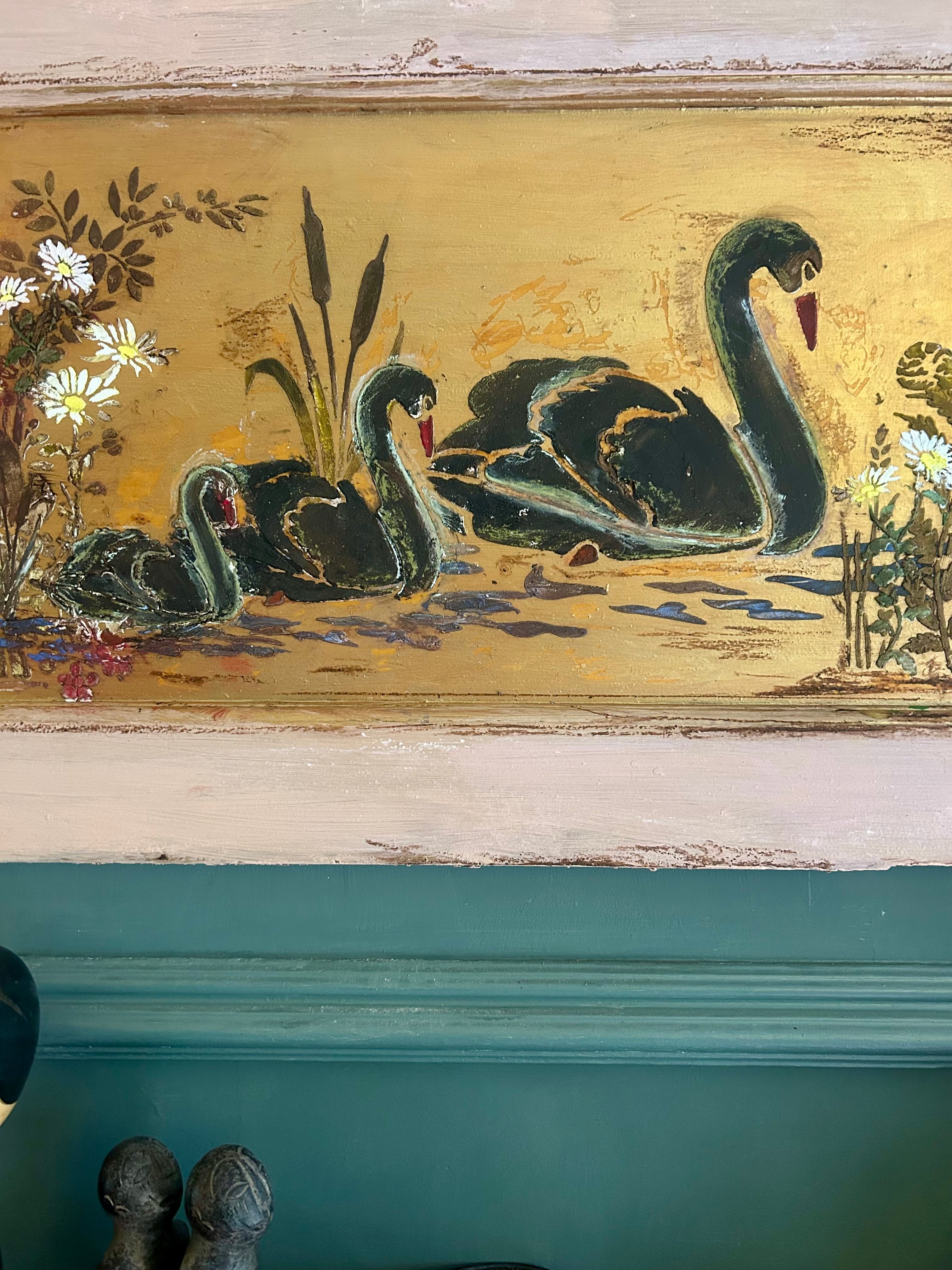 Reclaimed Door Wallhanging with Black Swan Chinoiserie