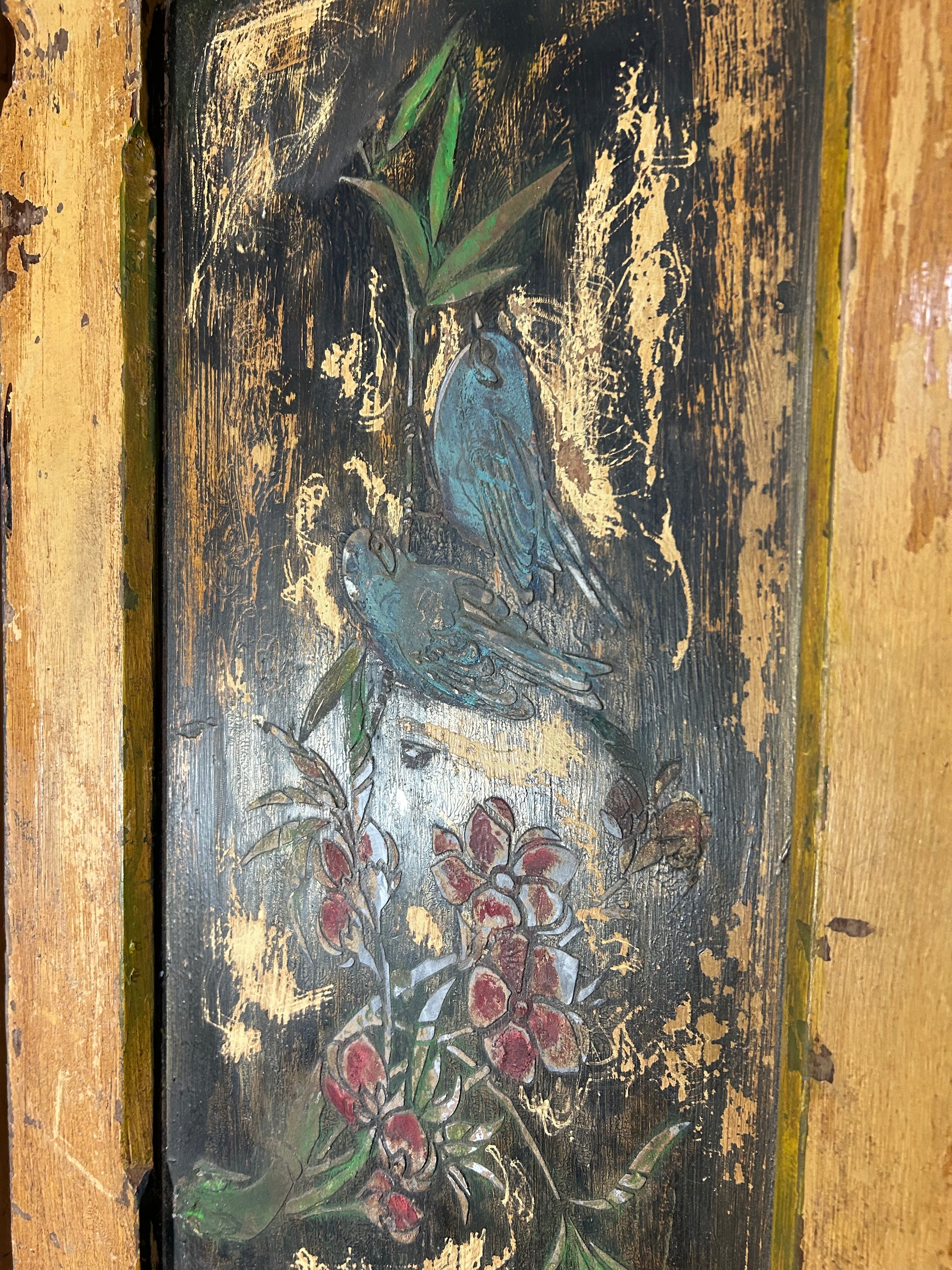 Pair of Reclaimed Door Wallhangings with Inlaid Bird Design