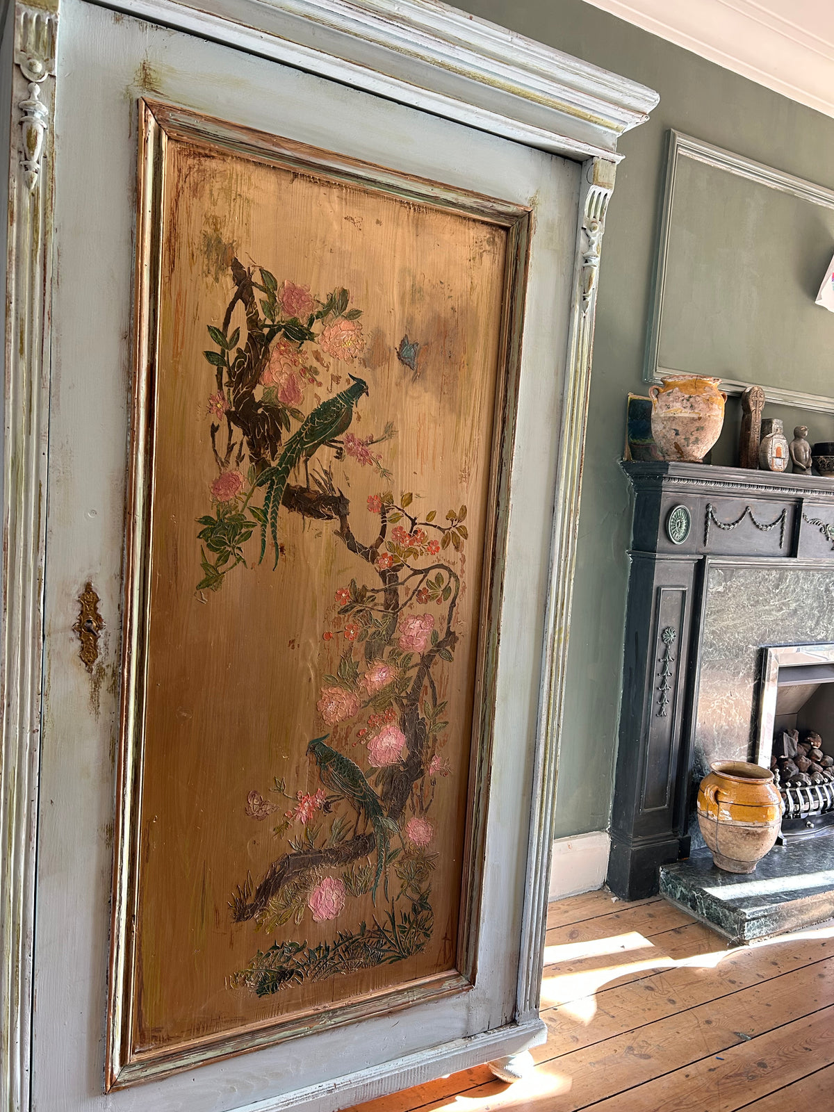 Vintage Painted Pine Armoire with Chinoiserie Panel