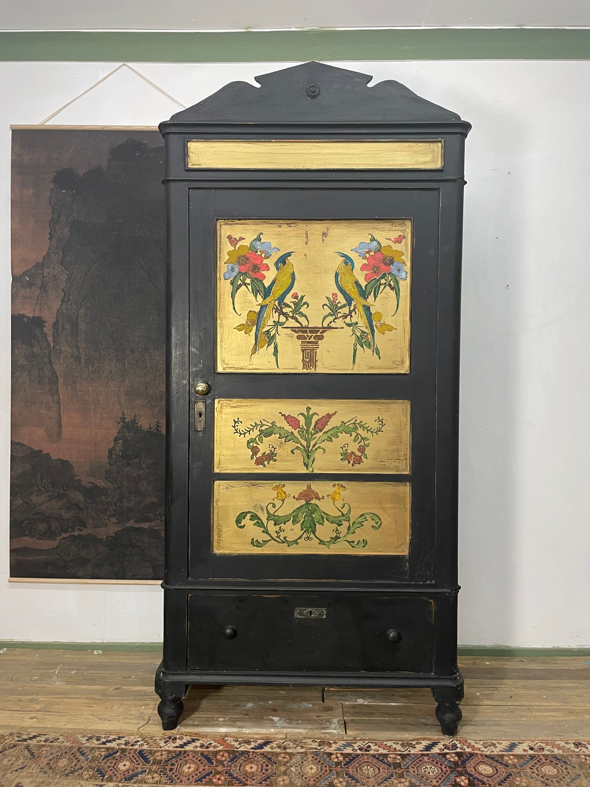 Vintage Painted Pine Wardrobe/ Hall Cupboard with Bird Panels