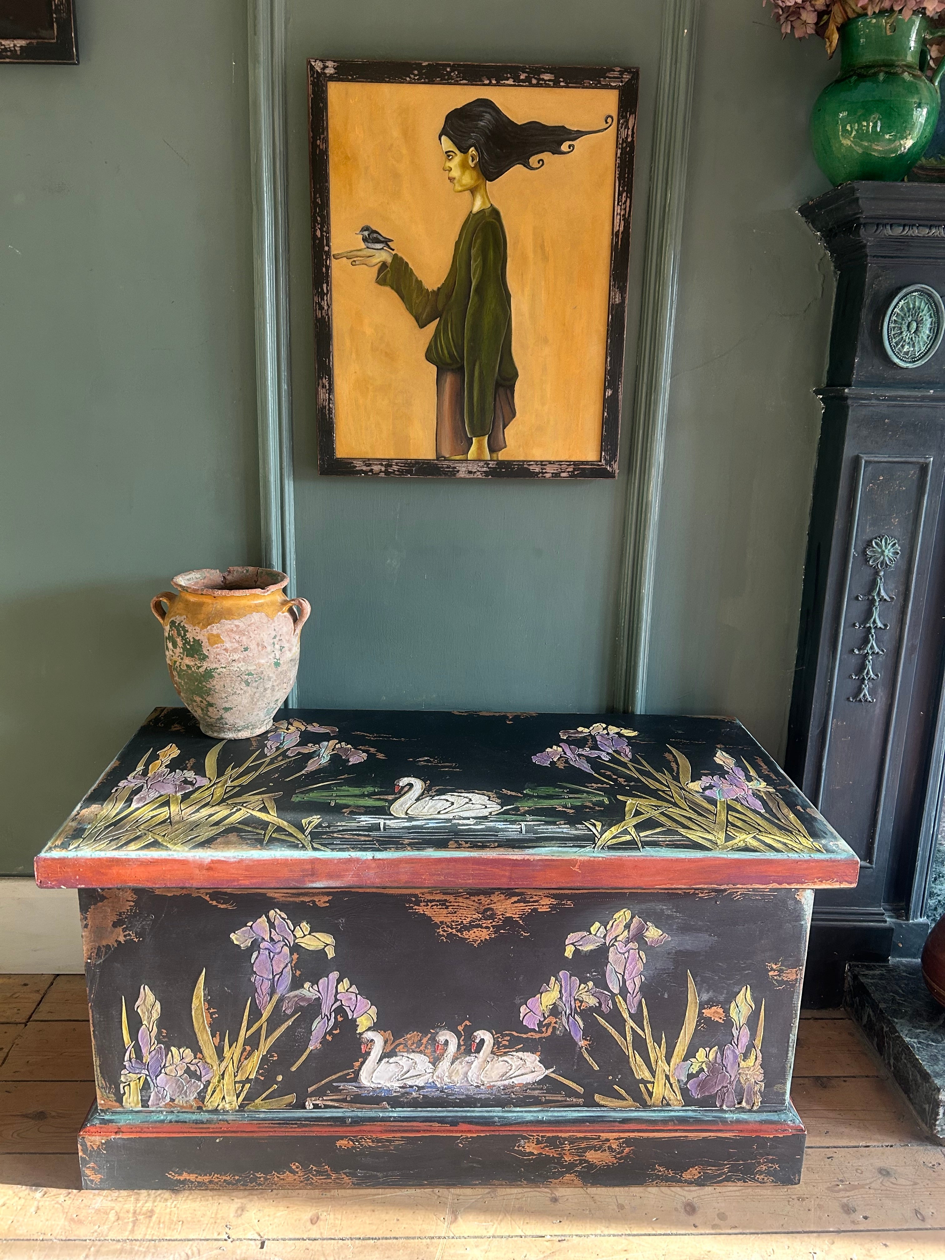 Vintage Painted Blanket Box with Swan Chinoiserie