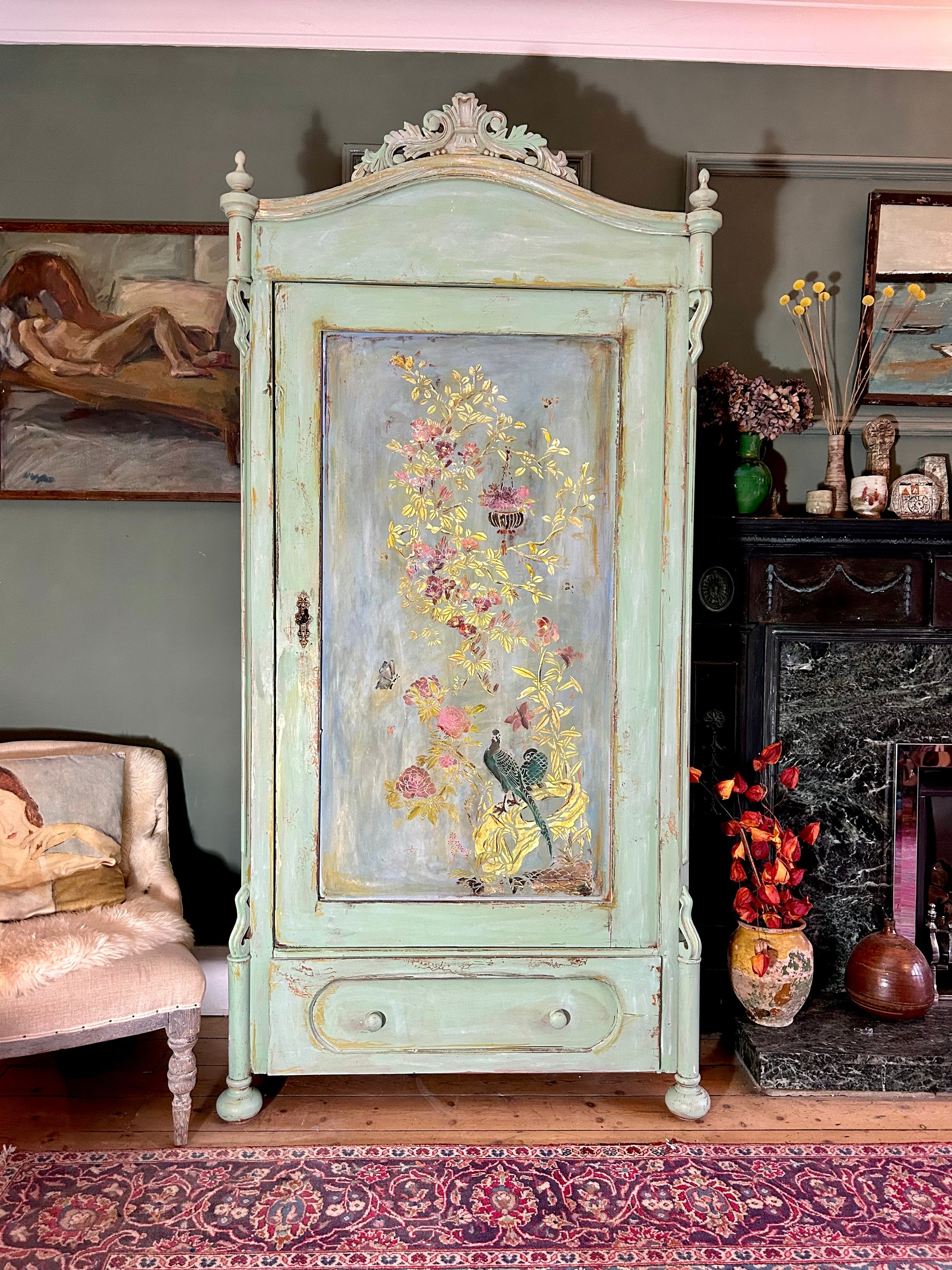 Antique Painted Armoire with Inlaid Chinoiserie