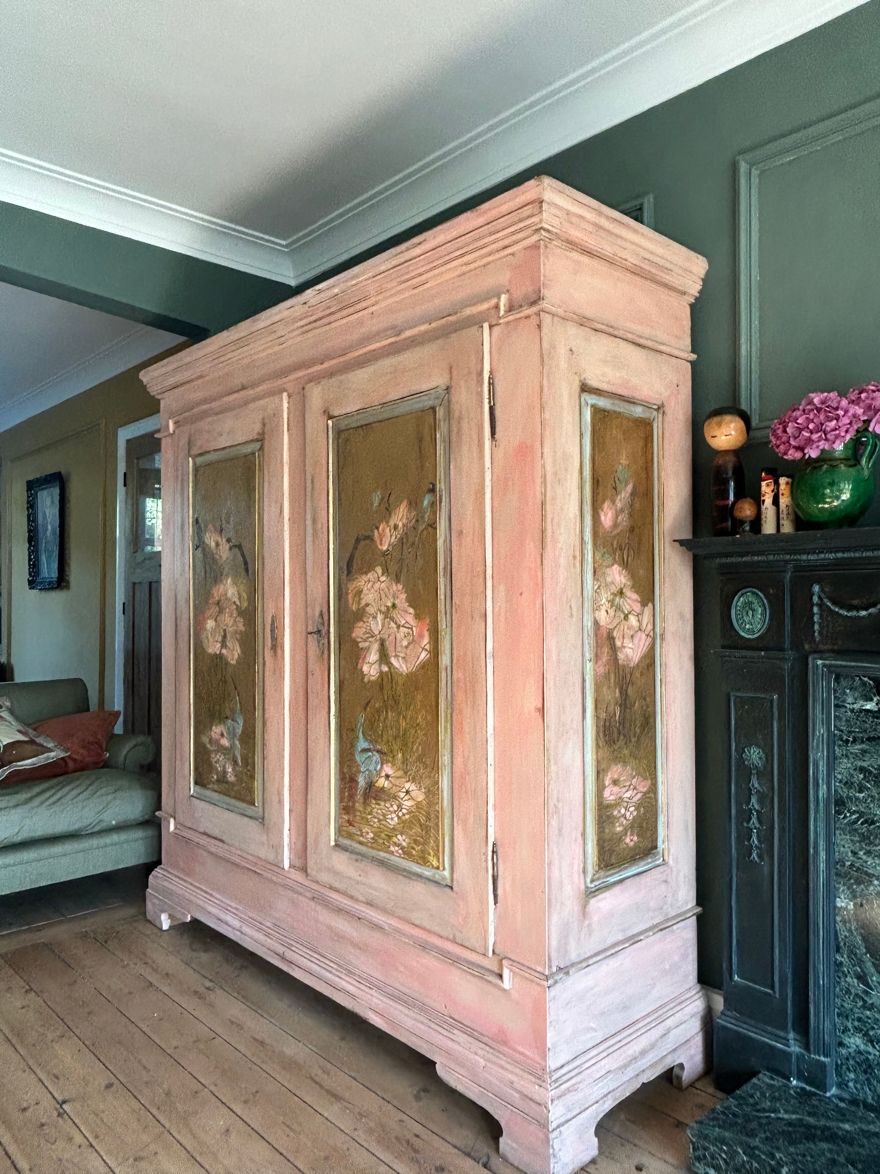 Vintage Painted Pine Large Double Wardrobe with Inlaid Chinoiserie