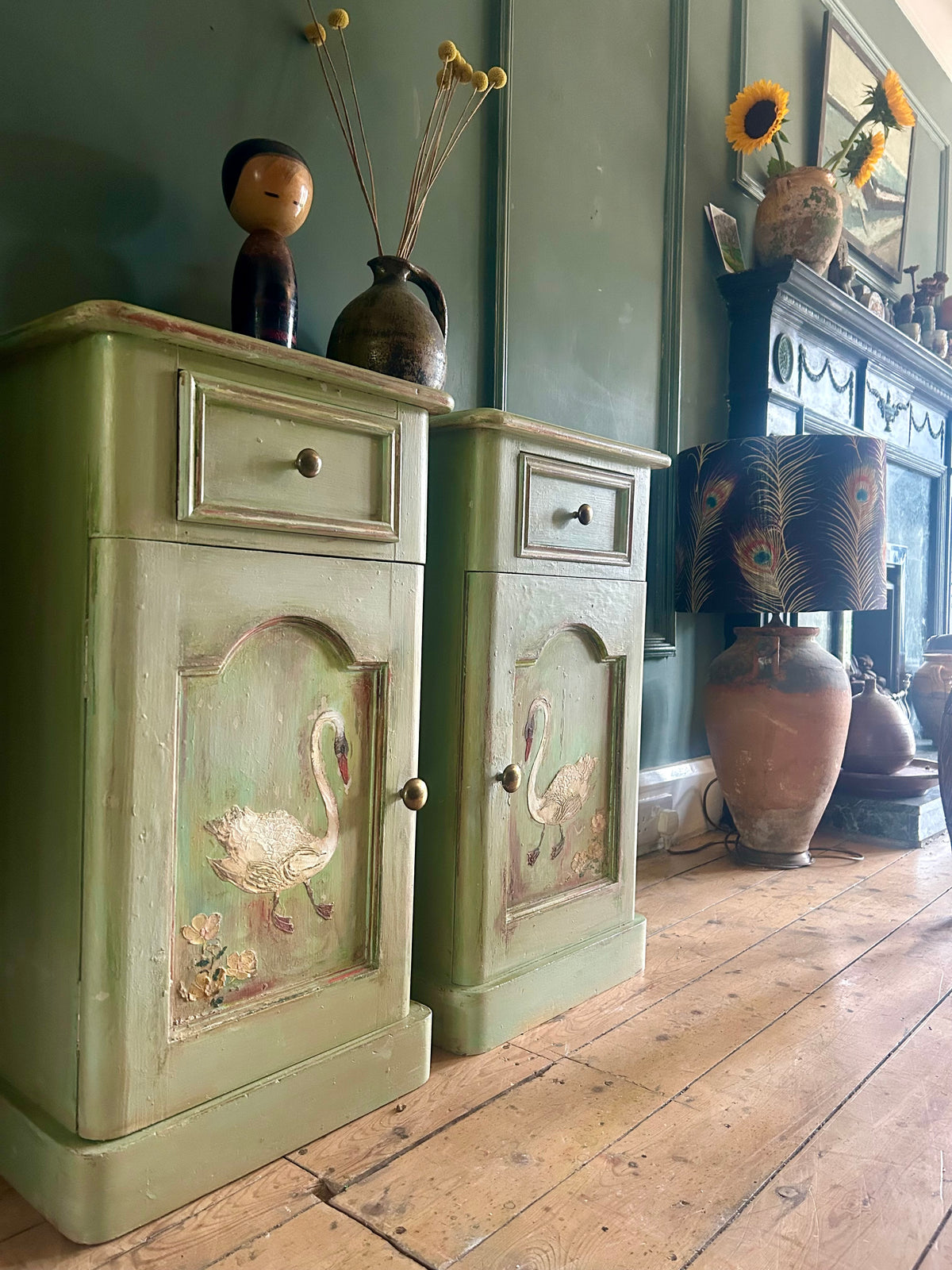Vintage Painted Bedside Cupboards with folk Art Swans