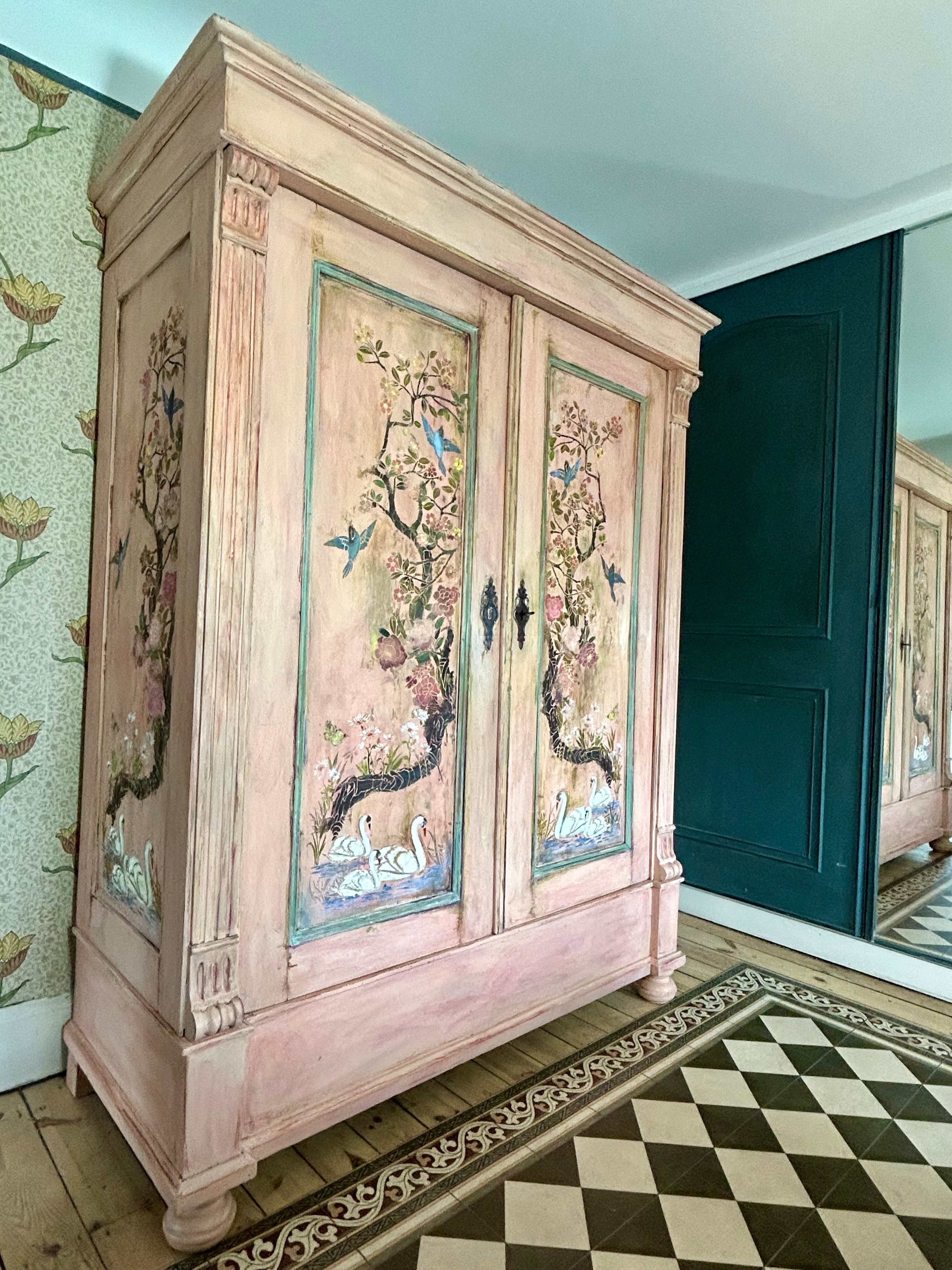 Vintage Painted French Wardrobe with Chinoiserie Panels