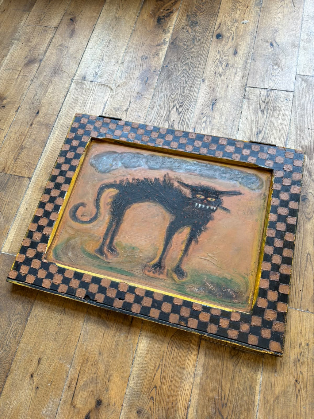 Reclaimed Door Wallhanging with Cat and checkerboard Frame