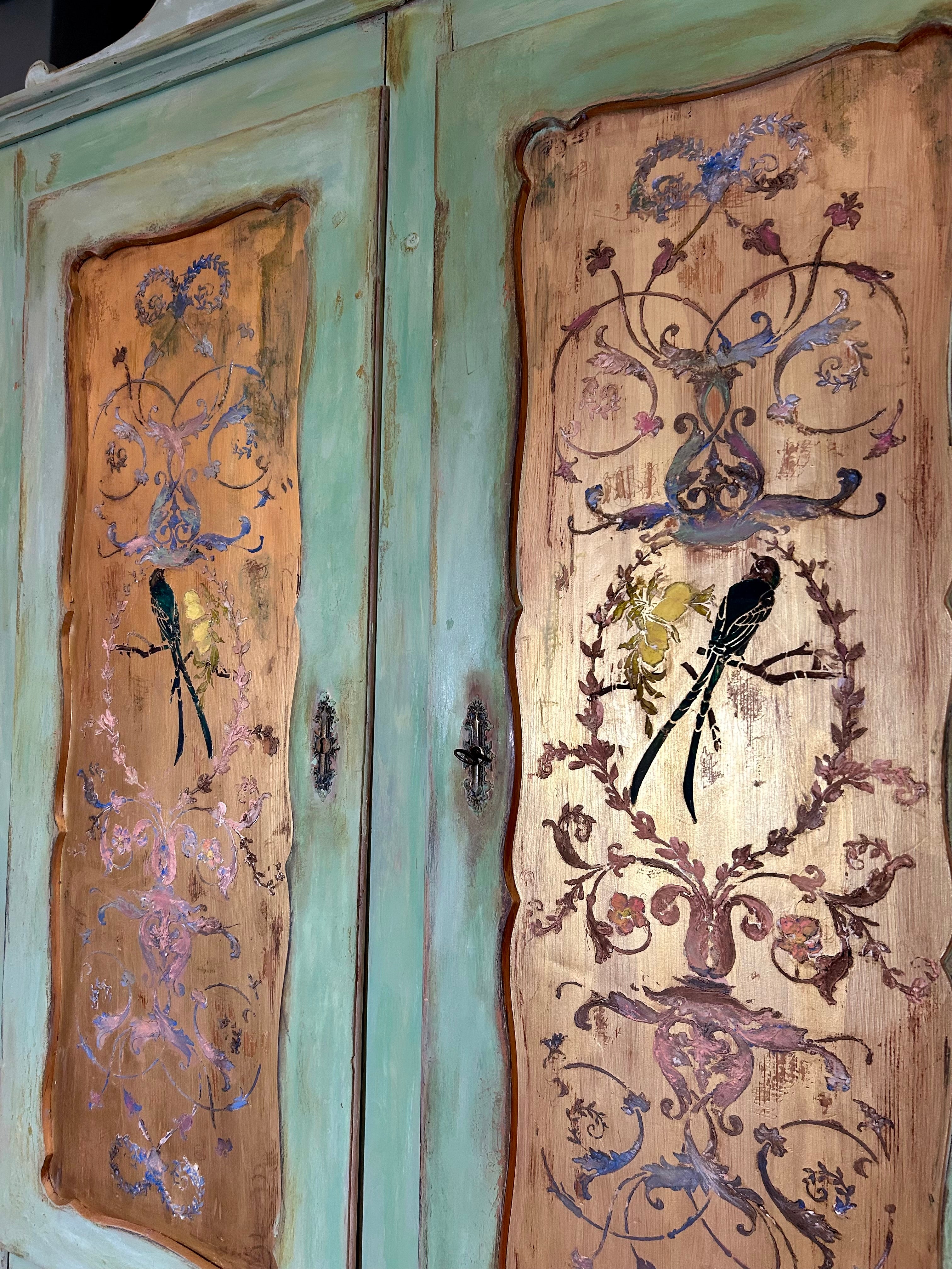 Vintage Painted Pine Wardrobe with Chinoiserie Panels