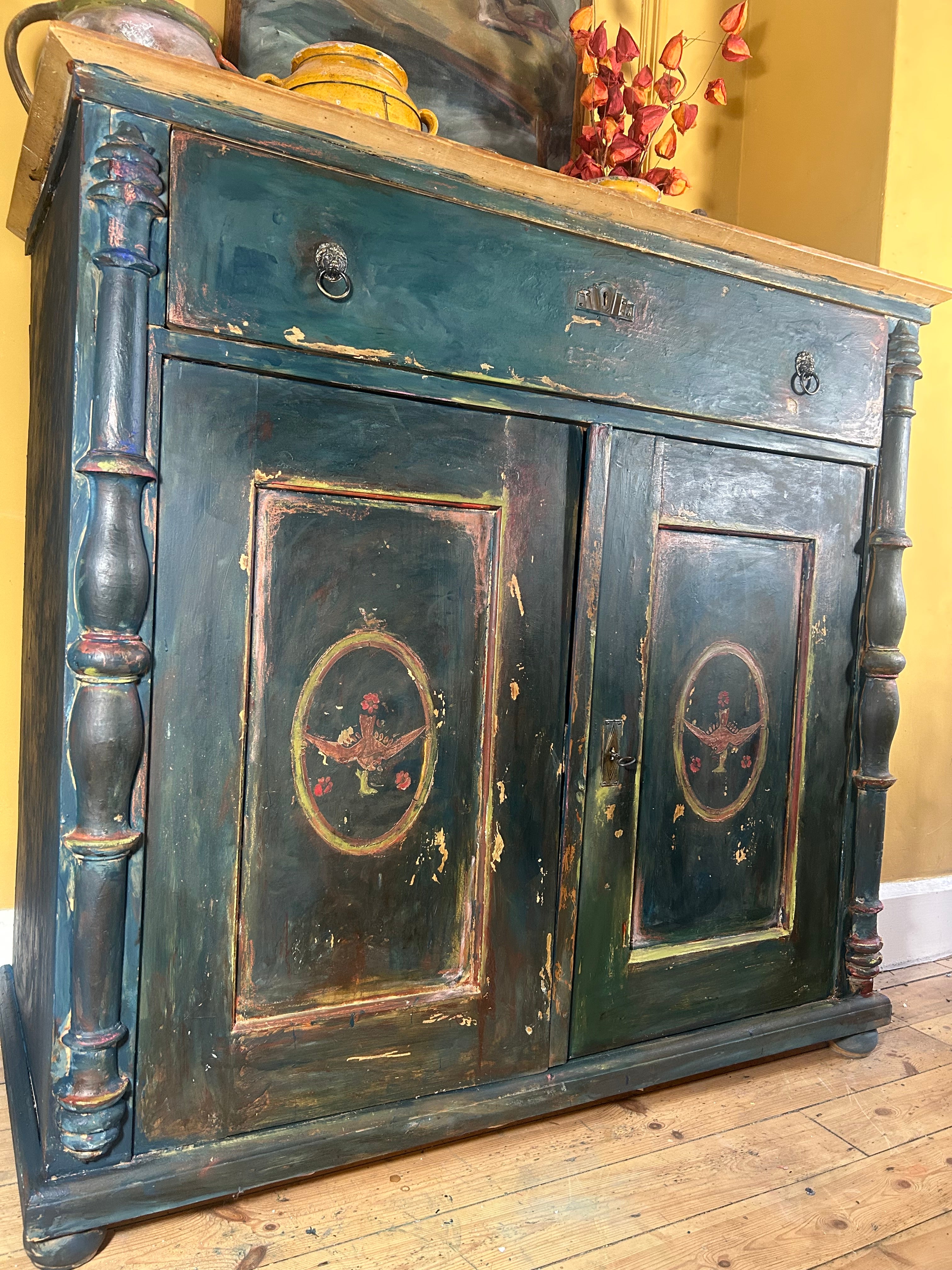 Antique Painted Linen Press with Folk Art Panels