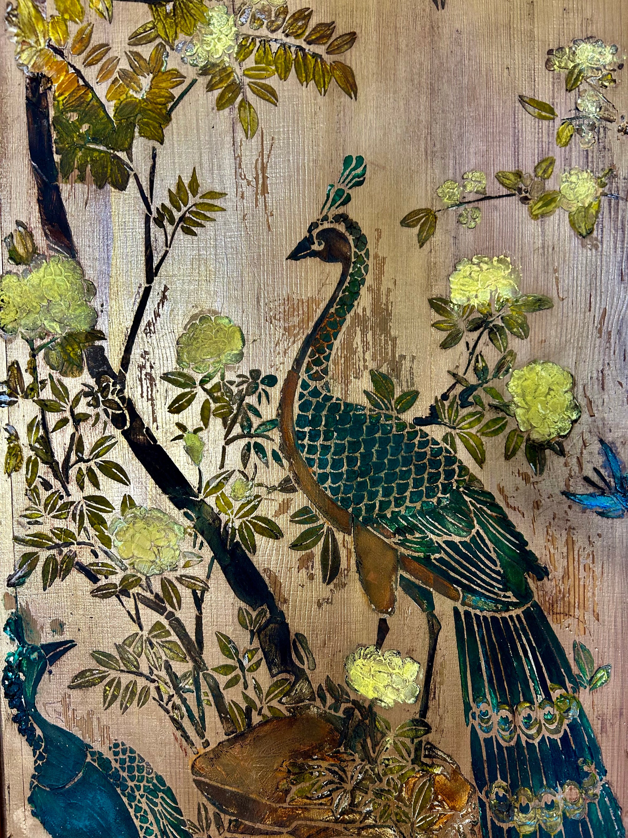 Vintage Painted Pine Double Wardrobe with Inlaid Peacock Chinoiserie