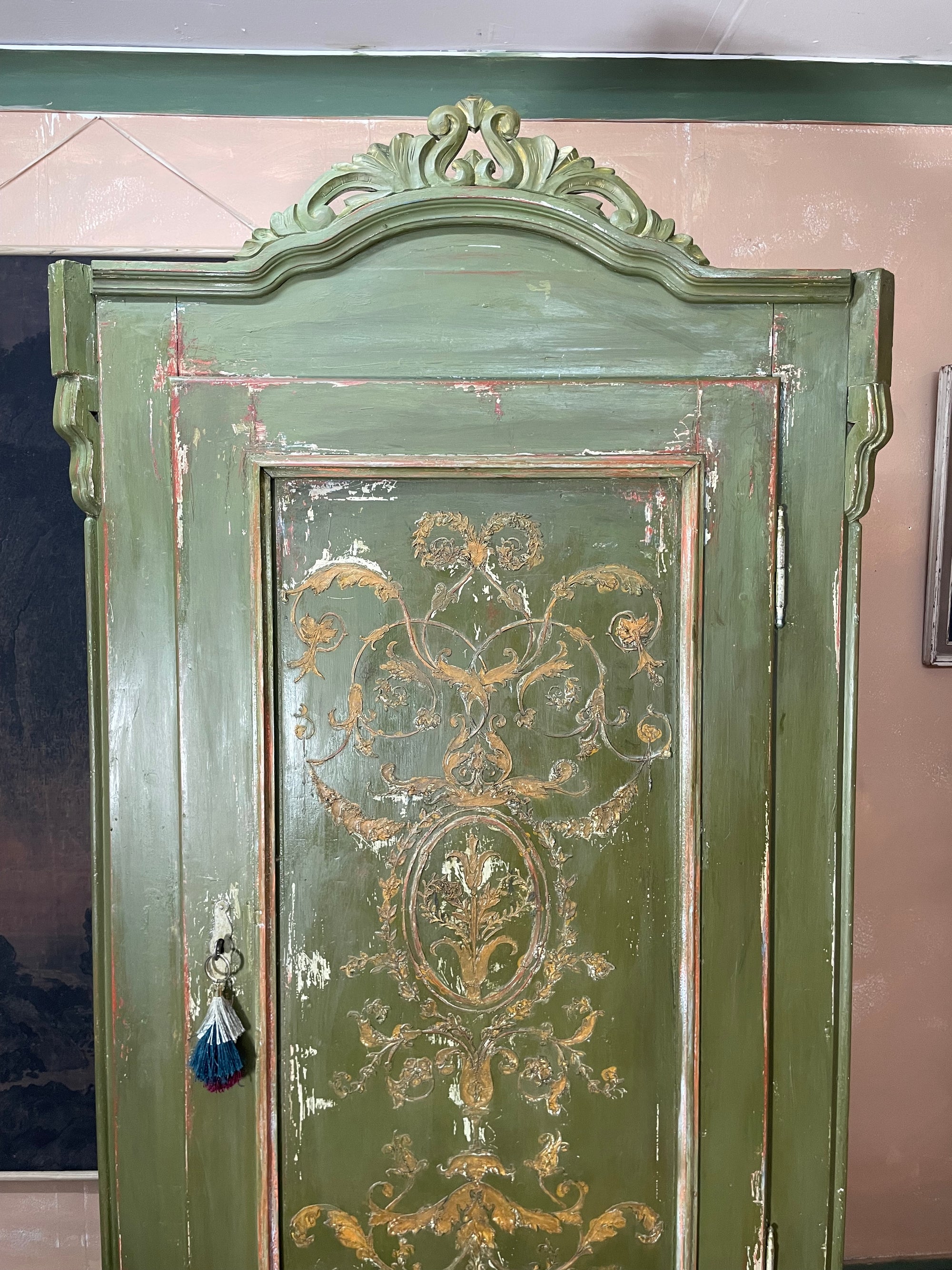 Vintage Painted Pine Wardrobe with Inlaid Boiserie Panel