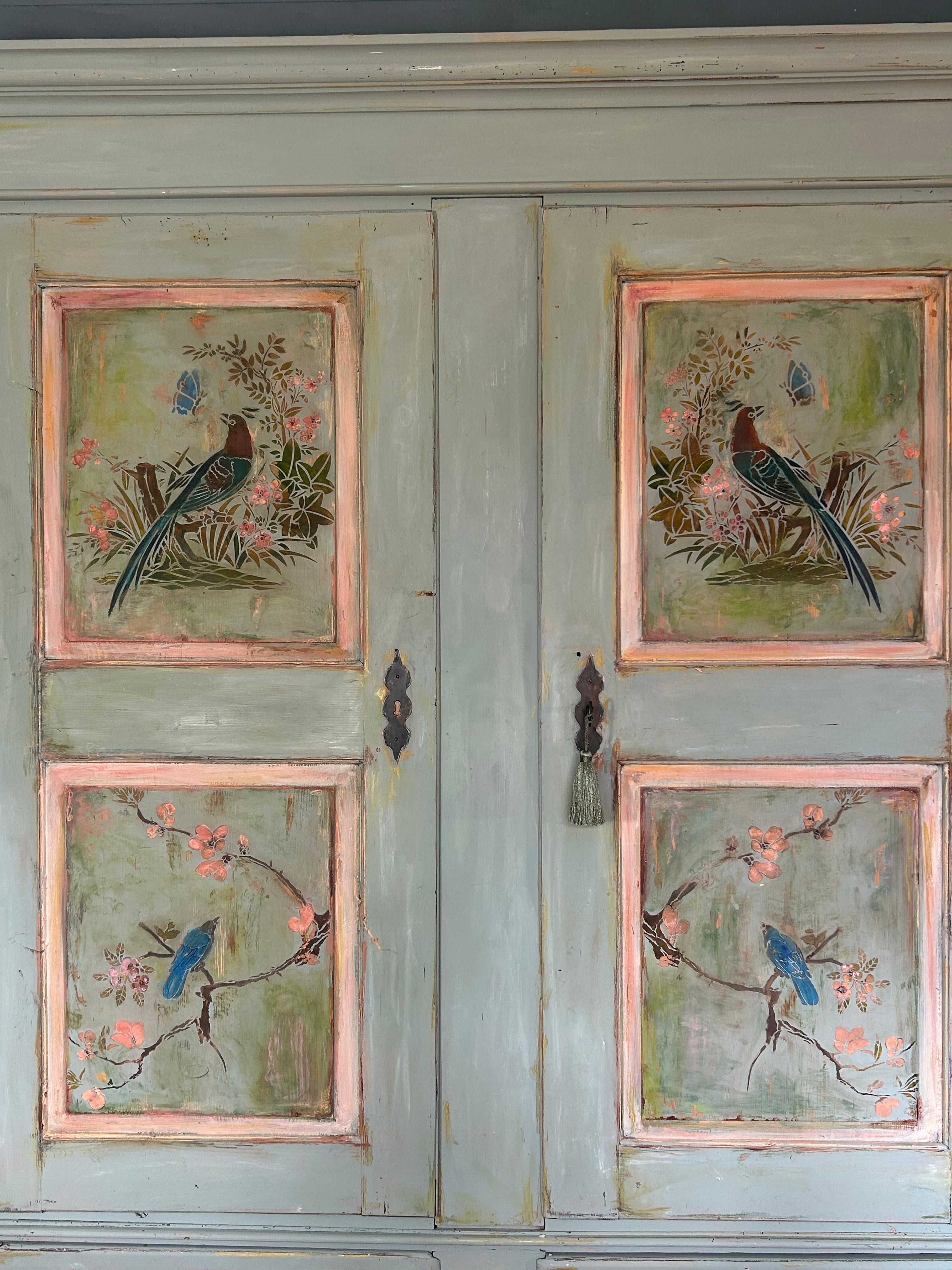 Large Vintage Painted Pine Double Wardrobe with Inlaid Chinoiserie