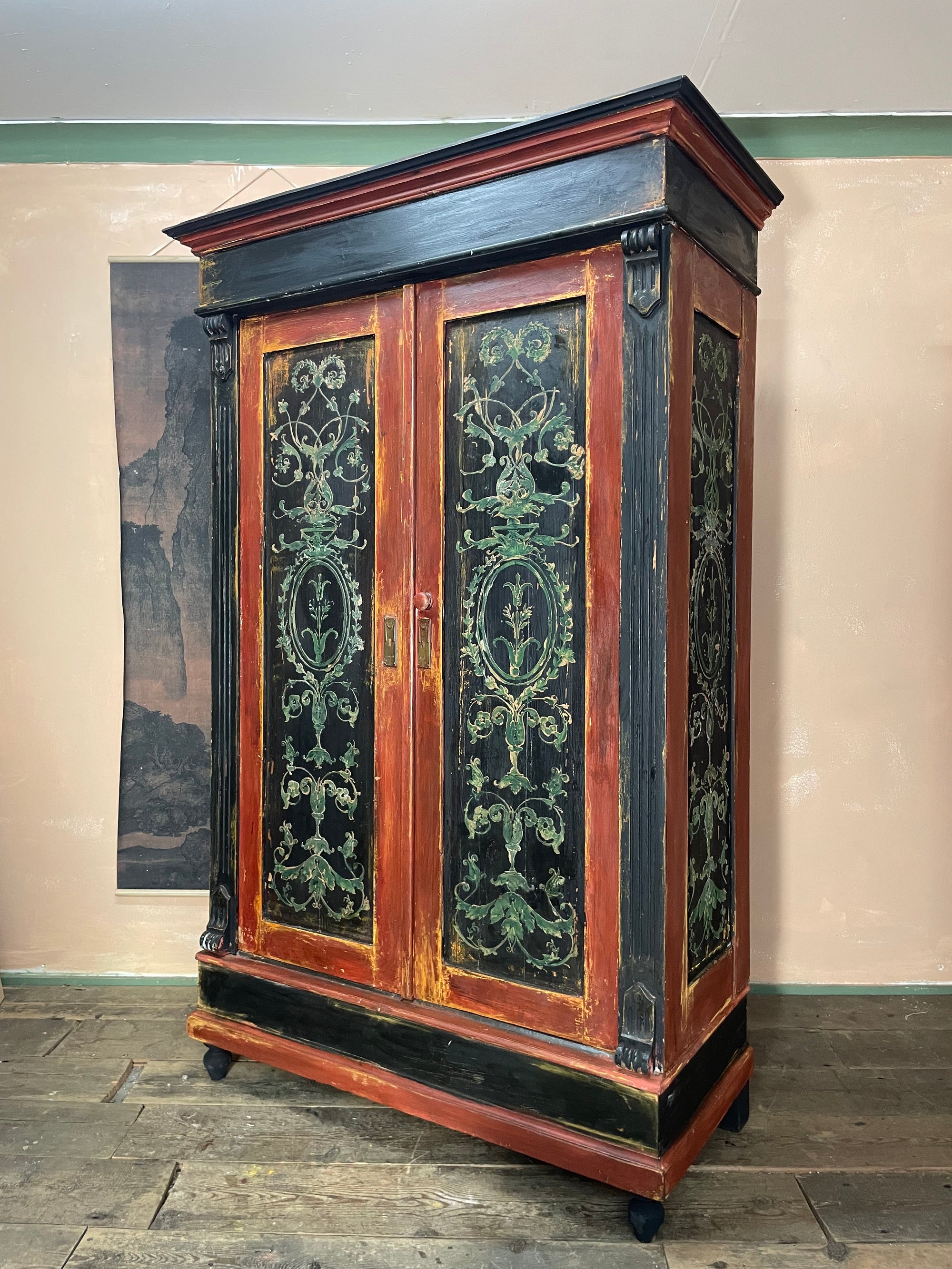 Vintage Painted Pine Wardrobe with Boiserie Panels