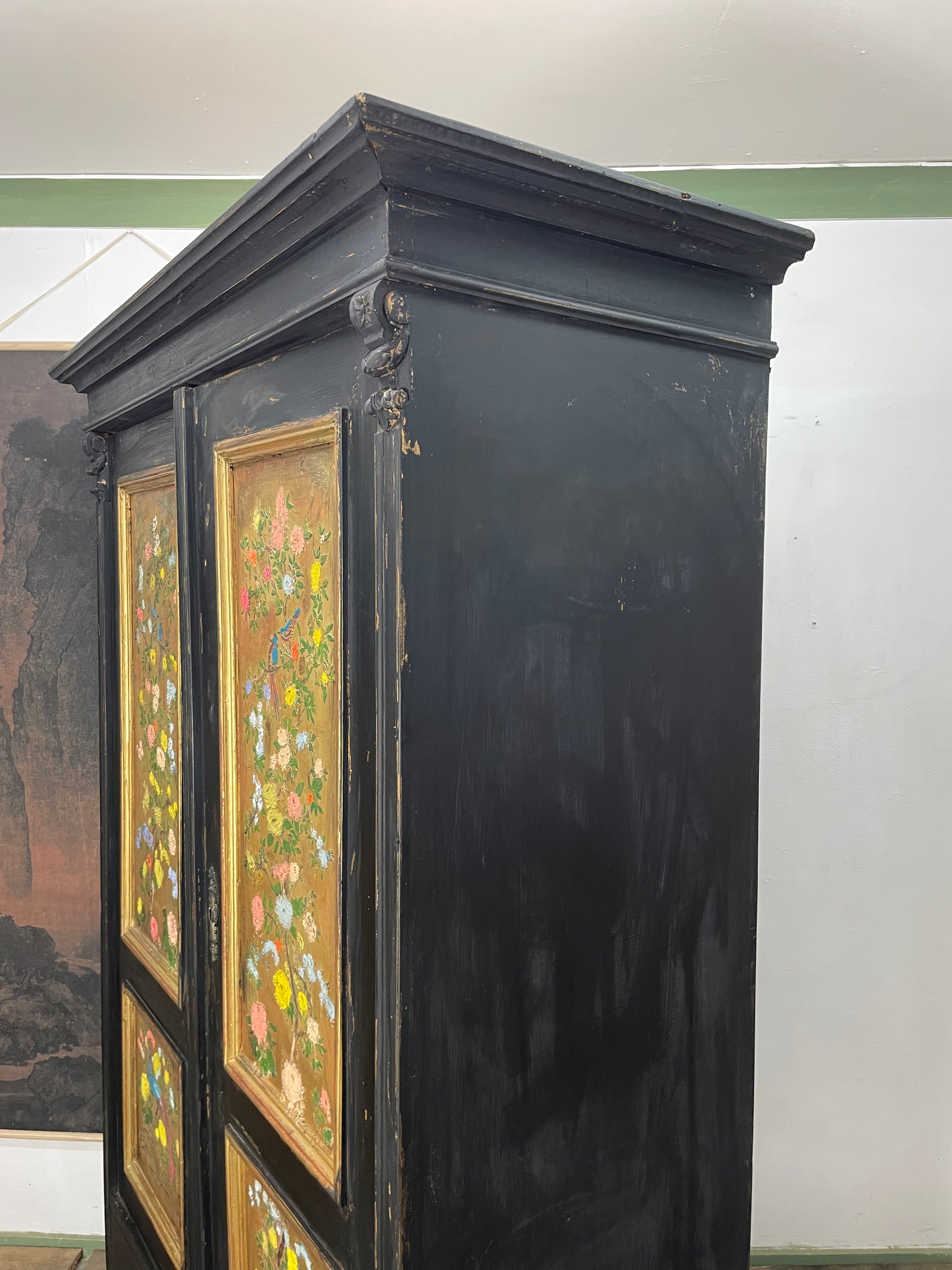 Vintage Painted Pine Wardrobe with Chinoiserie Panels