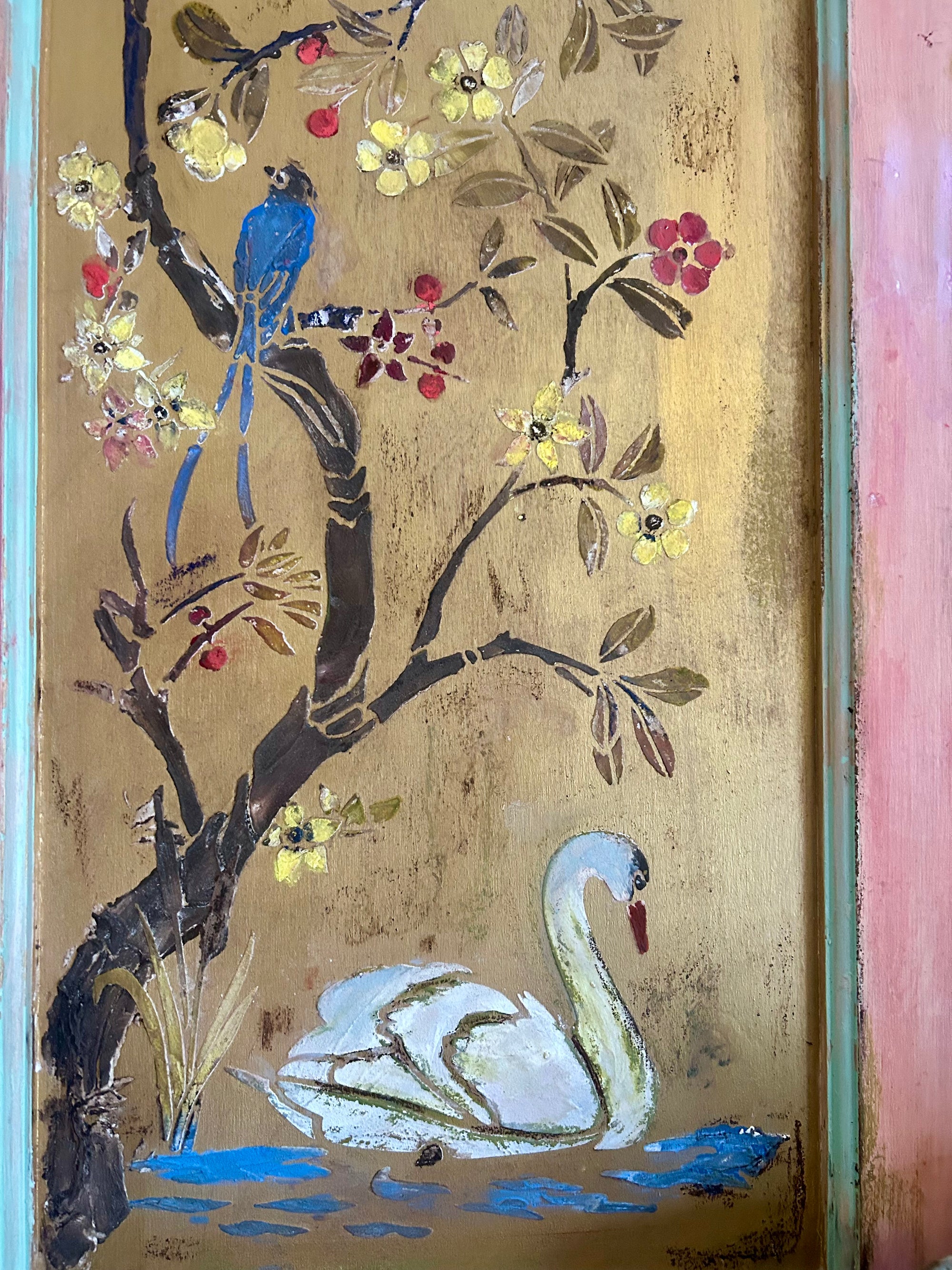 Reclaimed Door Wallhanging with Swan Chinoiserie
