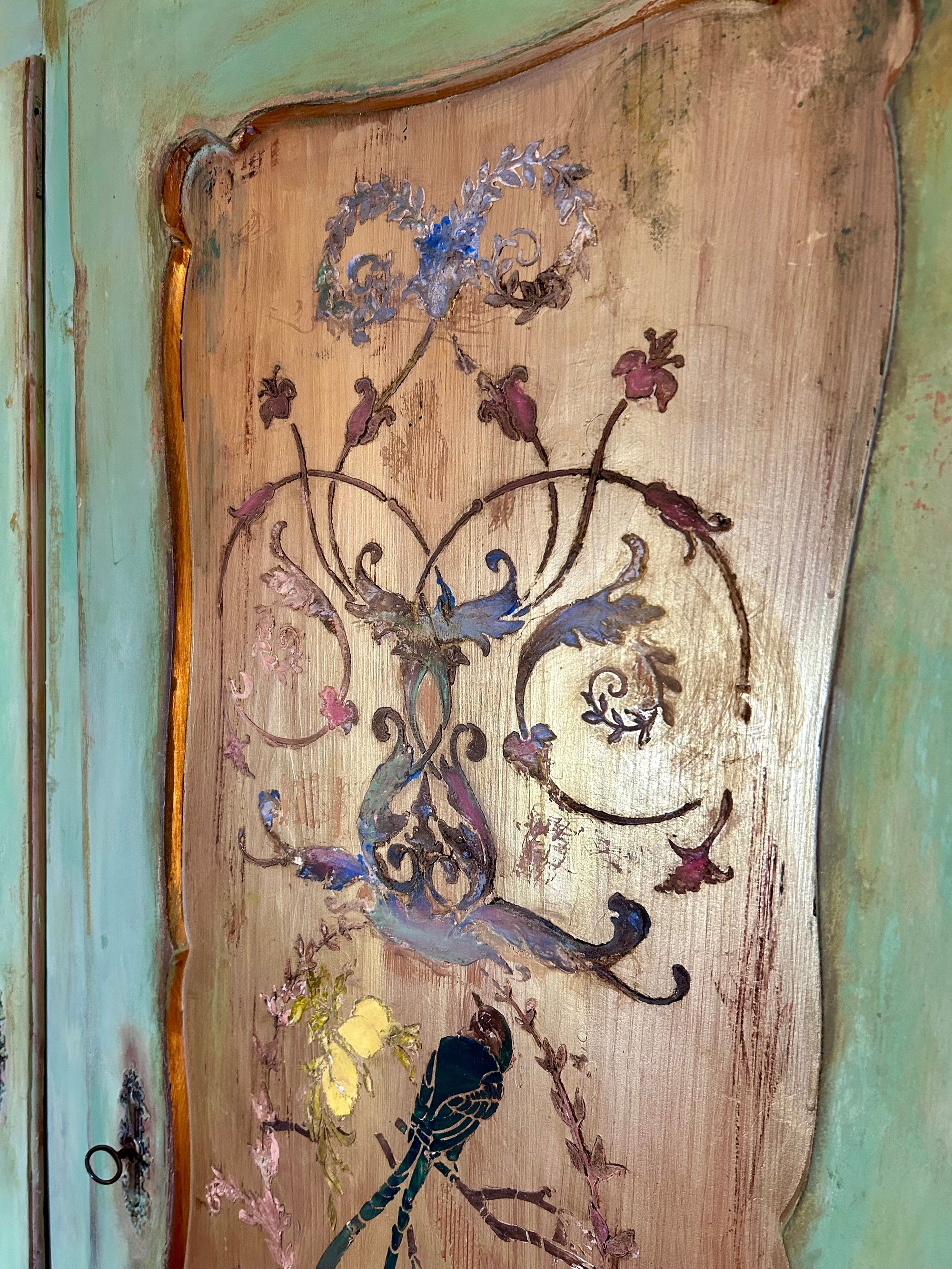 Vintage Painted Pine Wardrobe with Chinoiserie Panels