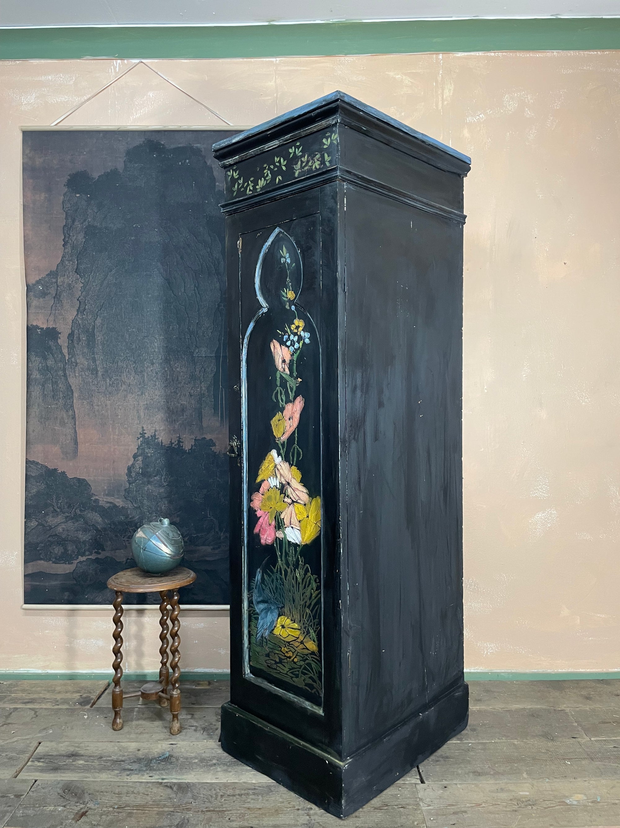 Vintage Painted Pine Cupboard with Chinoiserie Design