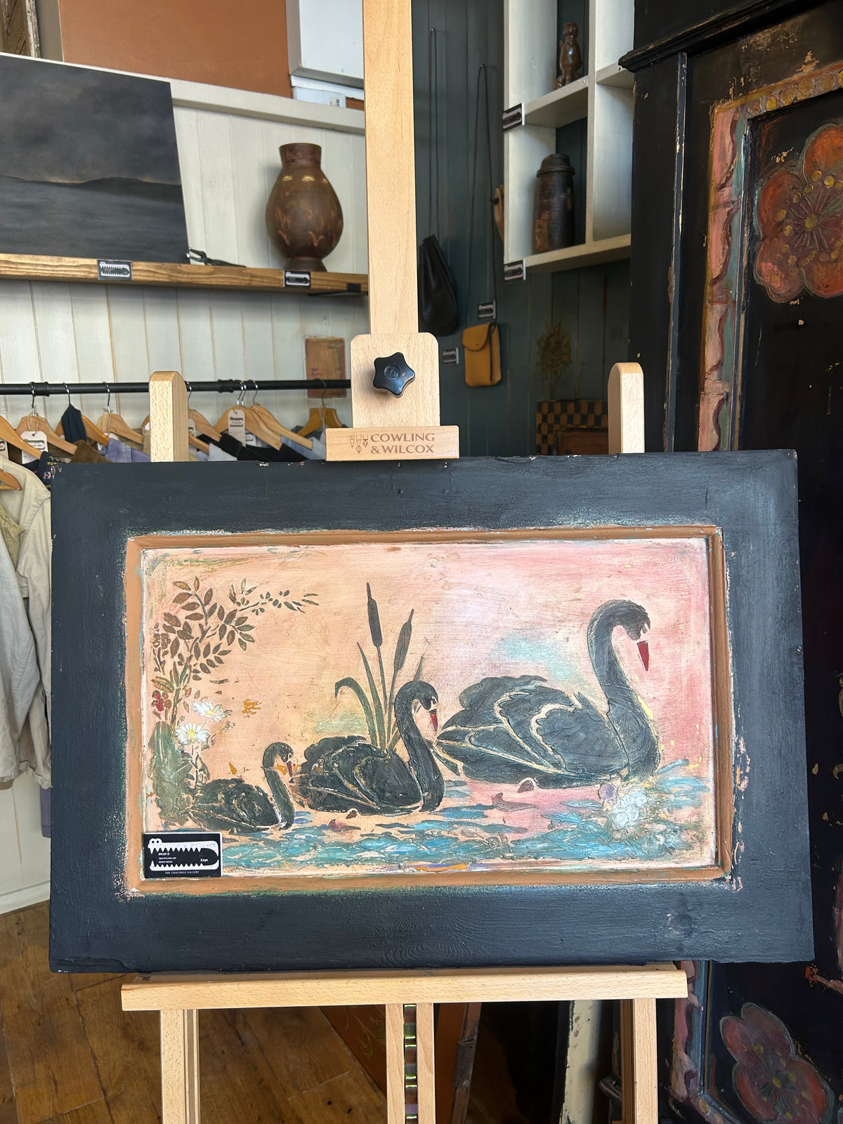 Reclaimed Door Wallhanging with Black Swan Chinoiserie