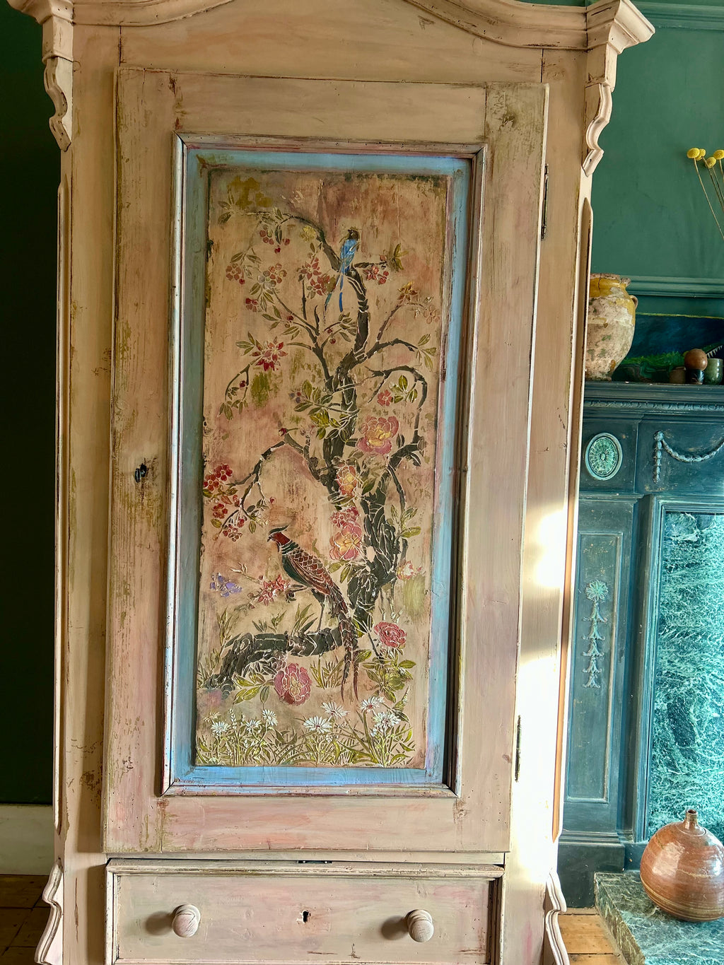 Vintage Painted Pune Armoire with Chinoiserie