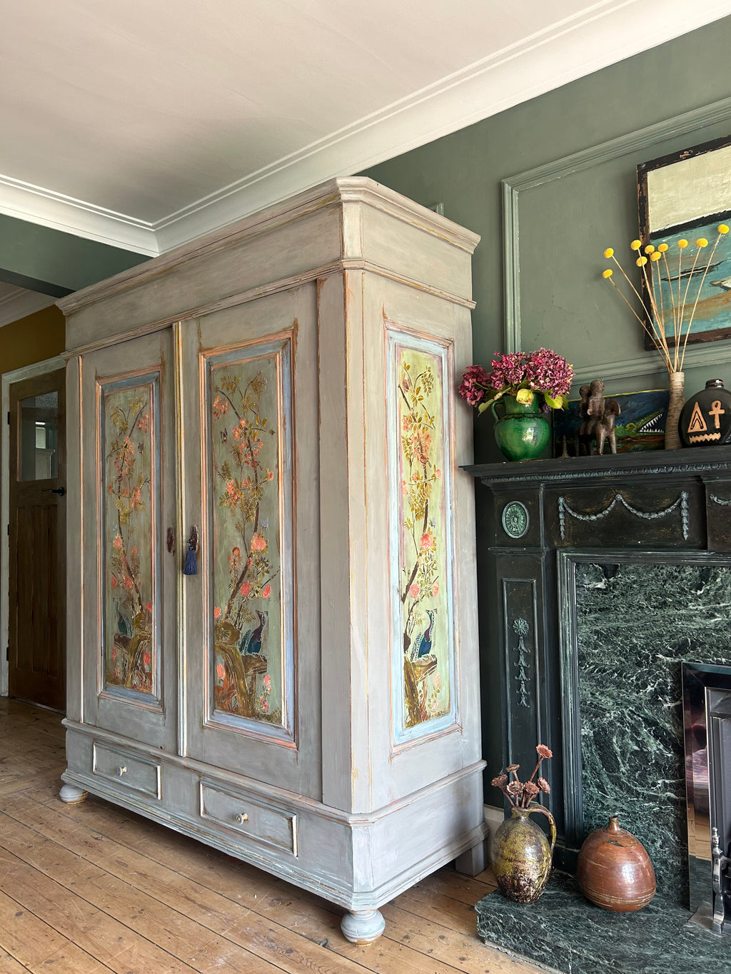Vintage Painted Double wardrobe with Inlaid Chinoiserie