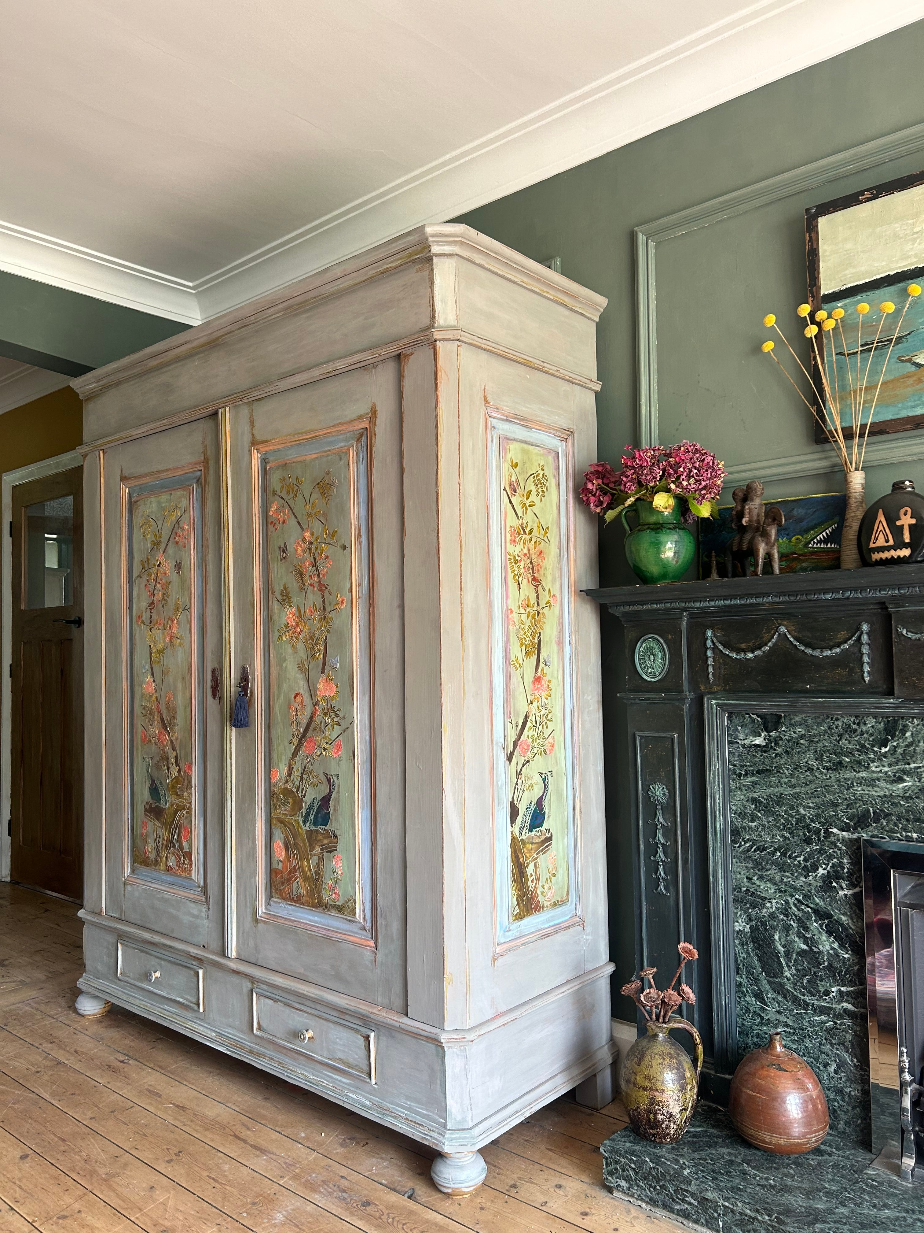 Vintage Painted Double wardrobe with Inlaid Chinoiserie