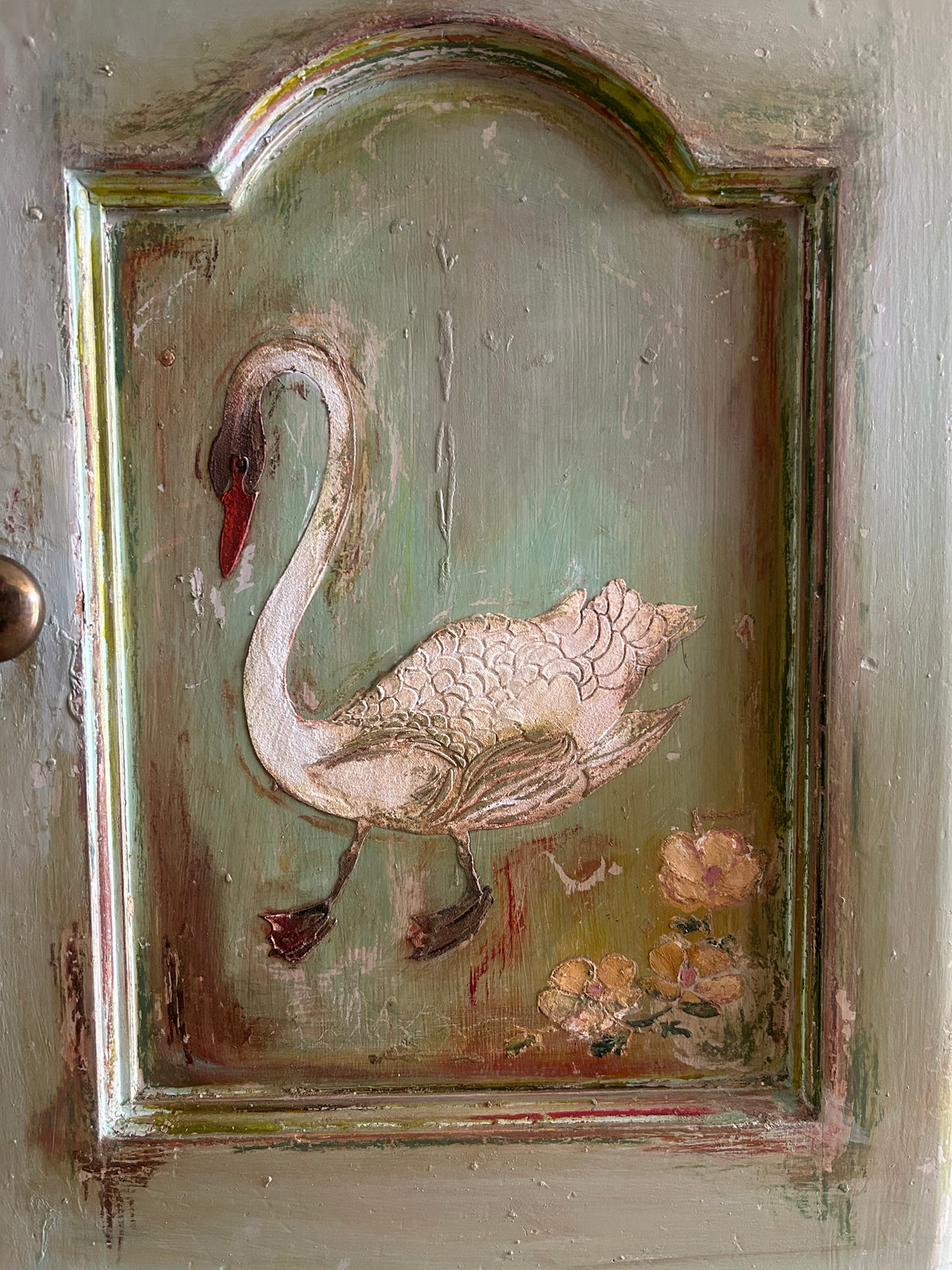 Vintage Painted Bedside Cupboards with folk Art Swans