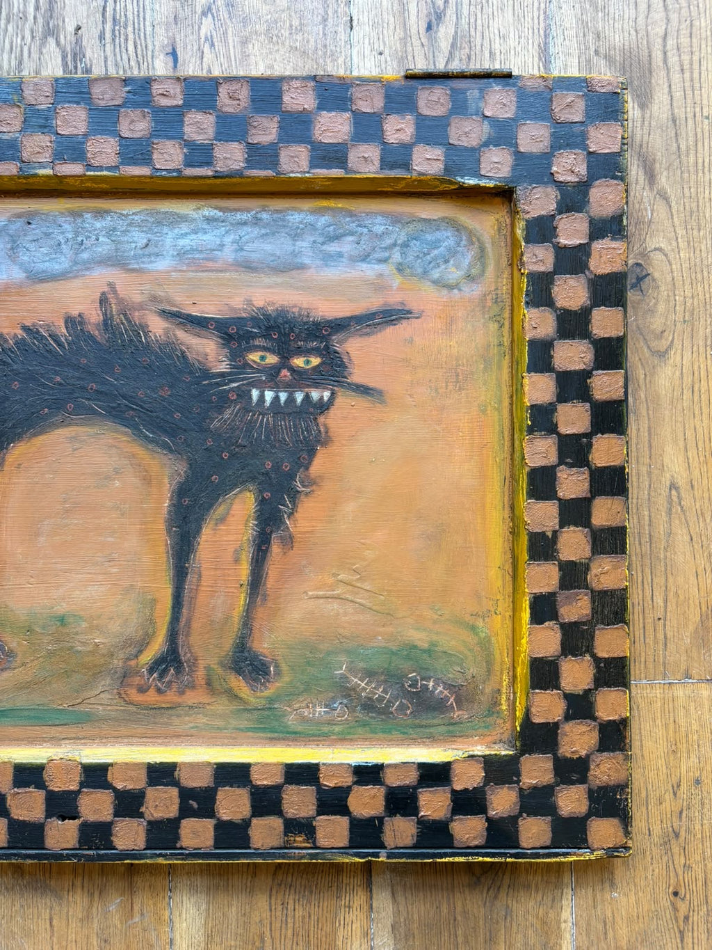 Reclaimed Door Wallhanging with Cat and checkerboard Frame