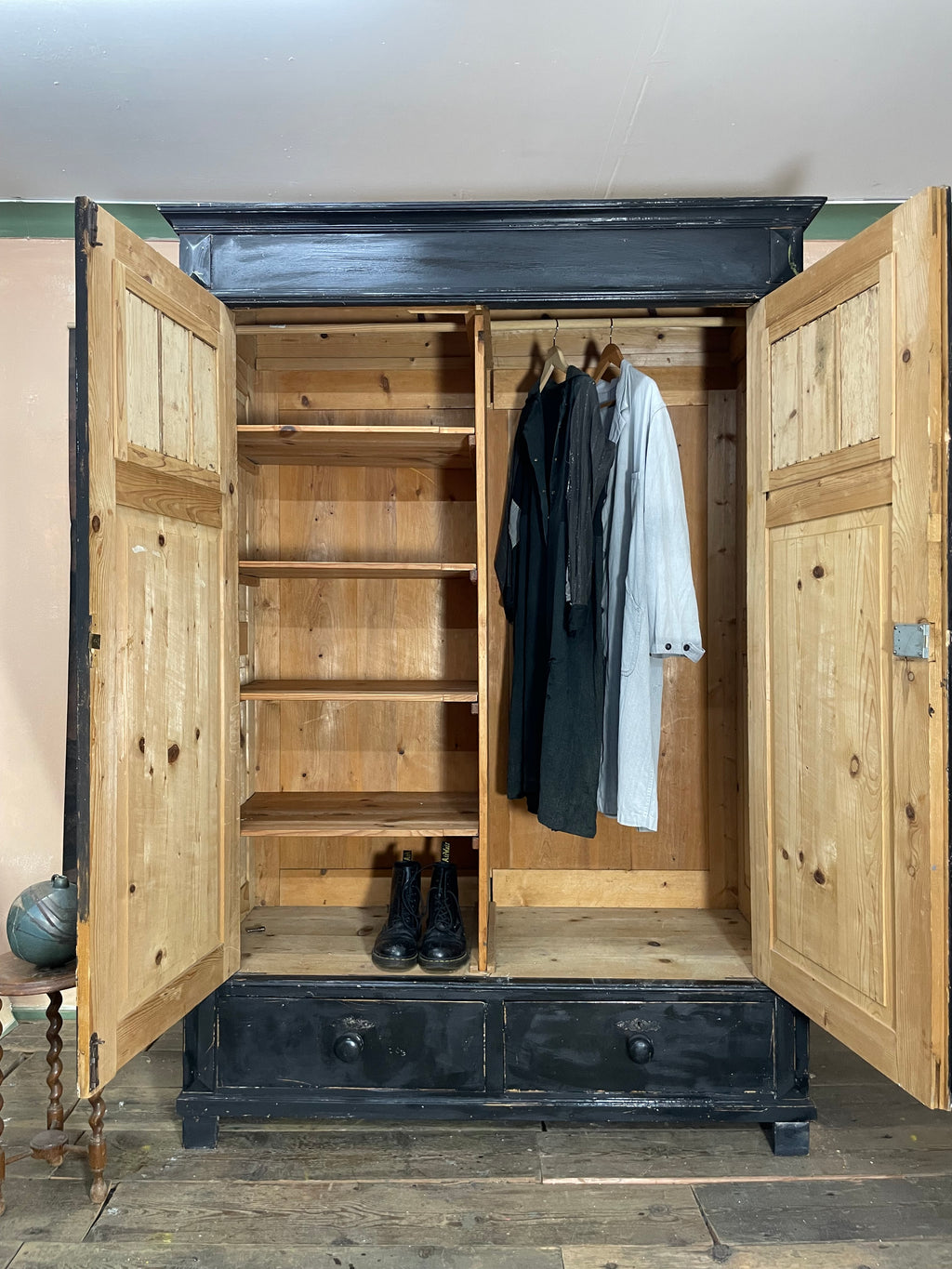 Vintage Painted Pine Knockdown Wardrobe with Inlaid Design