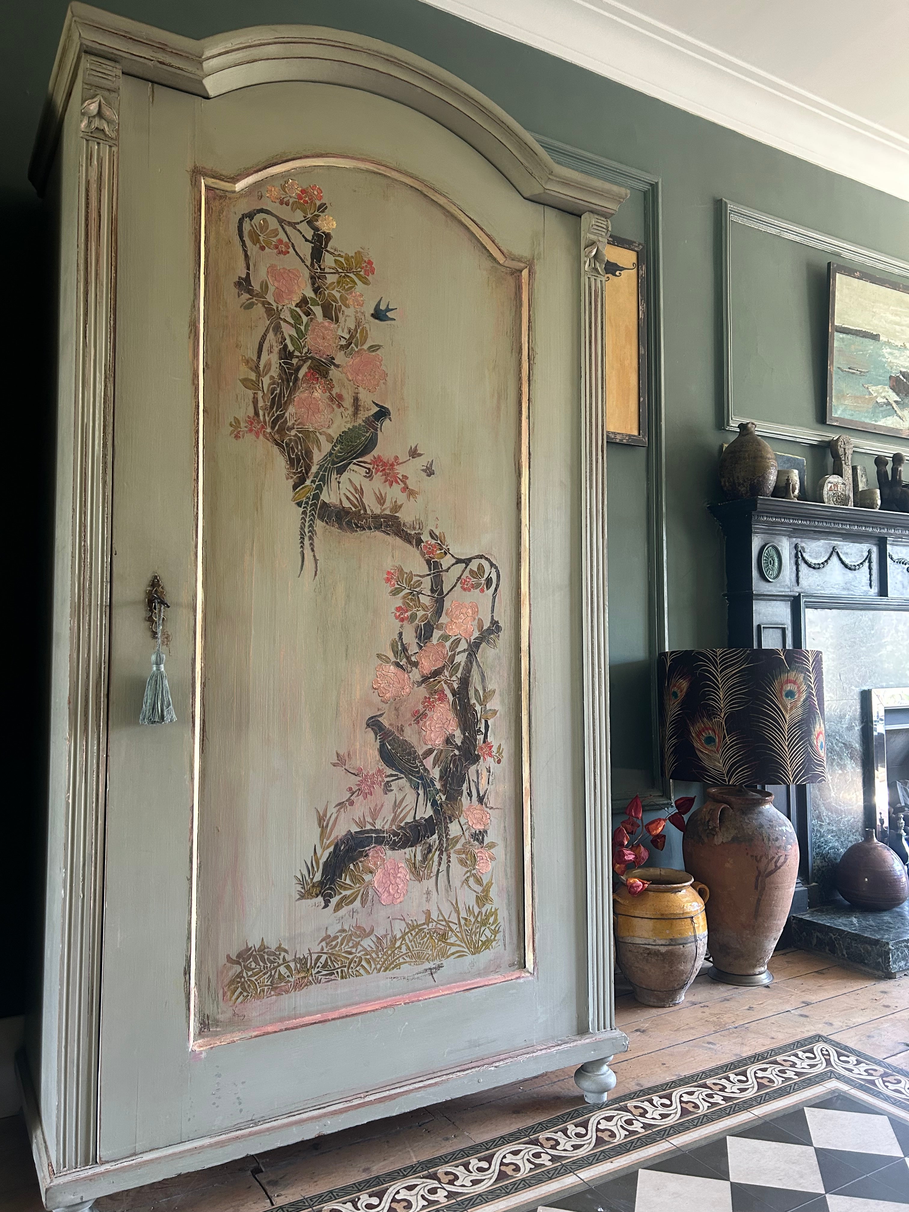 Antique Painted Pine Armoire with Chinoiserie Panel