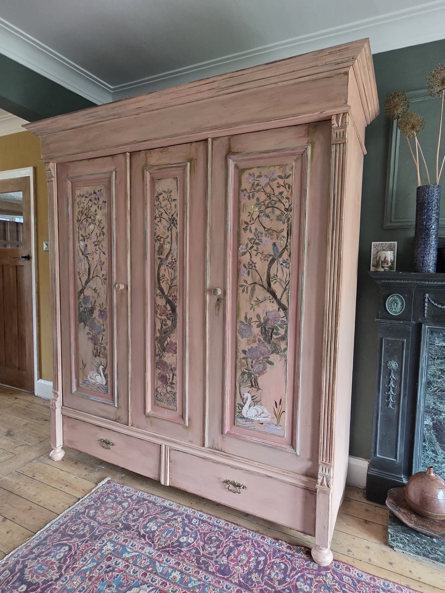Painted Pine Triple wardrobe with Chinoiserie Panels