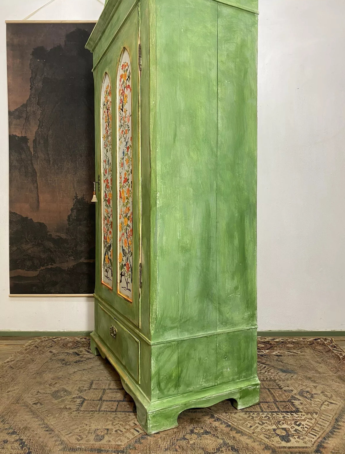 Vintage Painted Pine Wardrobe with Chinoiserie Panels