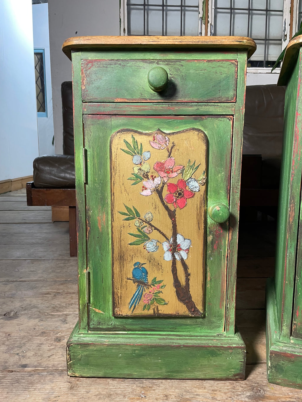 Vintage Painted Pine Bedside Tables with inlaid Chinoiserie