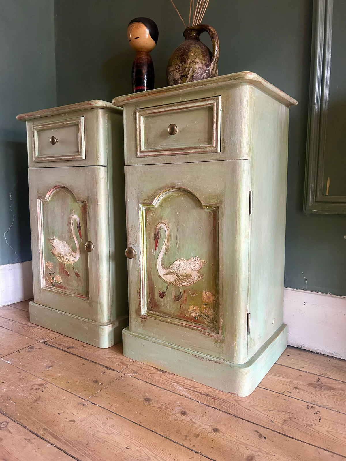 Vintage Painted Bedside Cupboards with folk Art Swans
