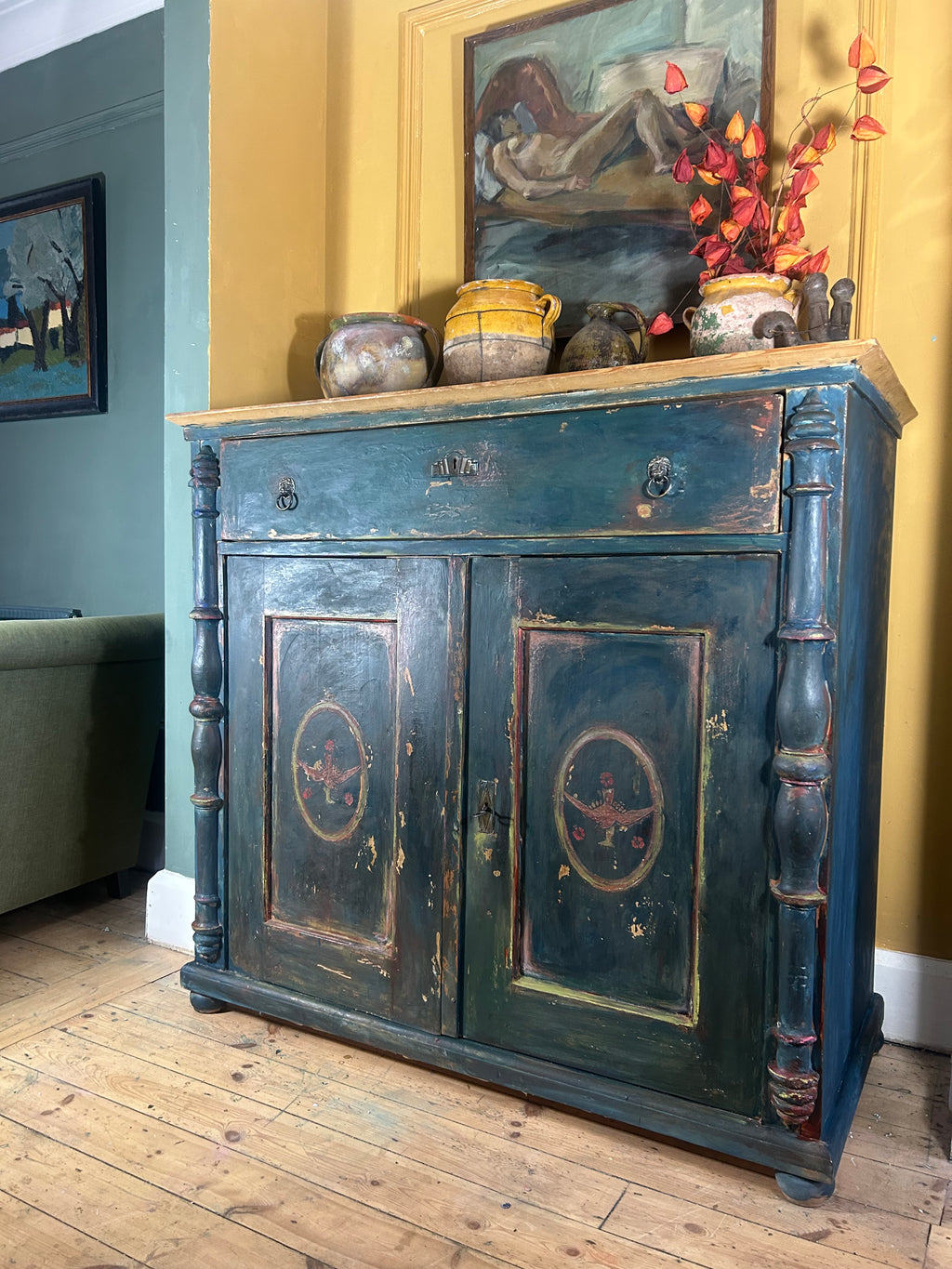 Antique Painted Linen Press with Folk Art Panels