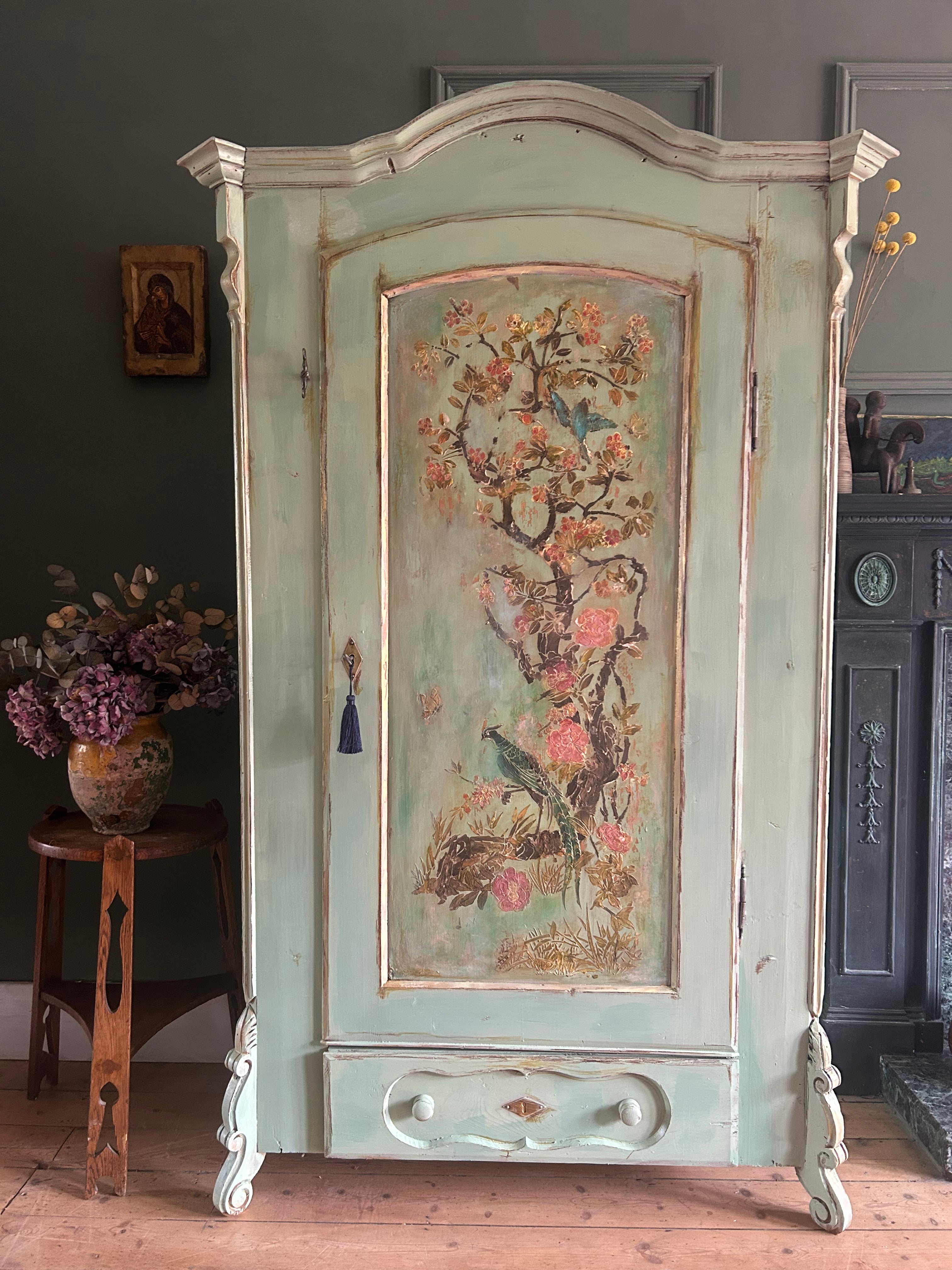 Vintage Painted Pine Armoire with Inlaid Chinoiserie