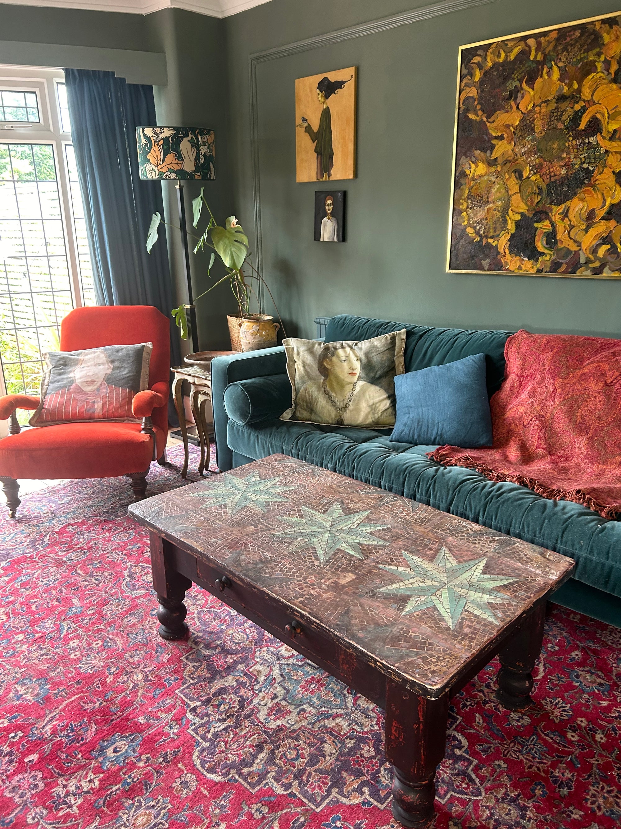 Vintage Painted Pine Coffee Table with Inlaid Star Design