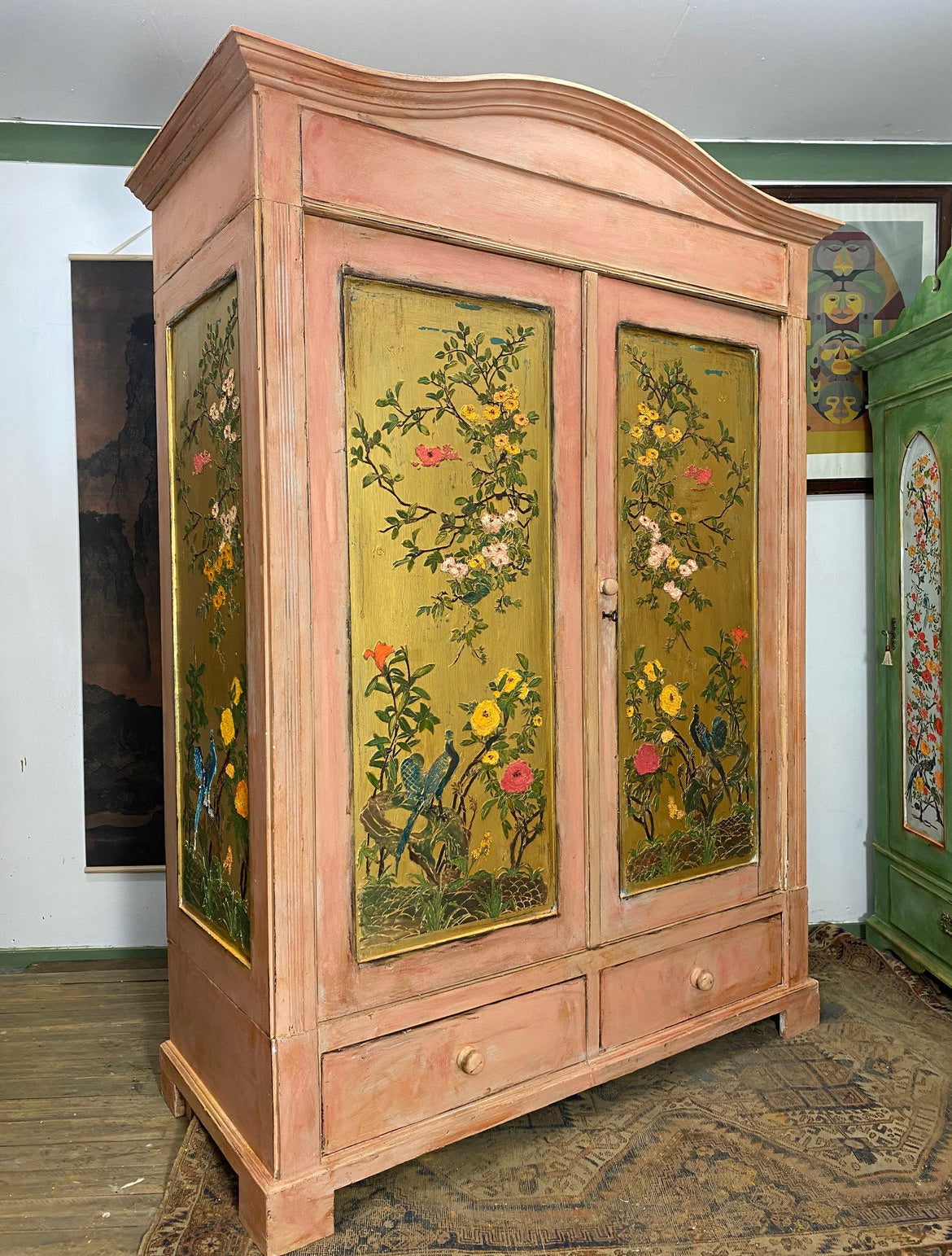 Vintage Pine Knockdown Painted Wardrobe with Chinoiserie Panels