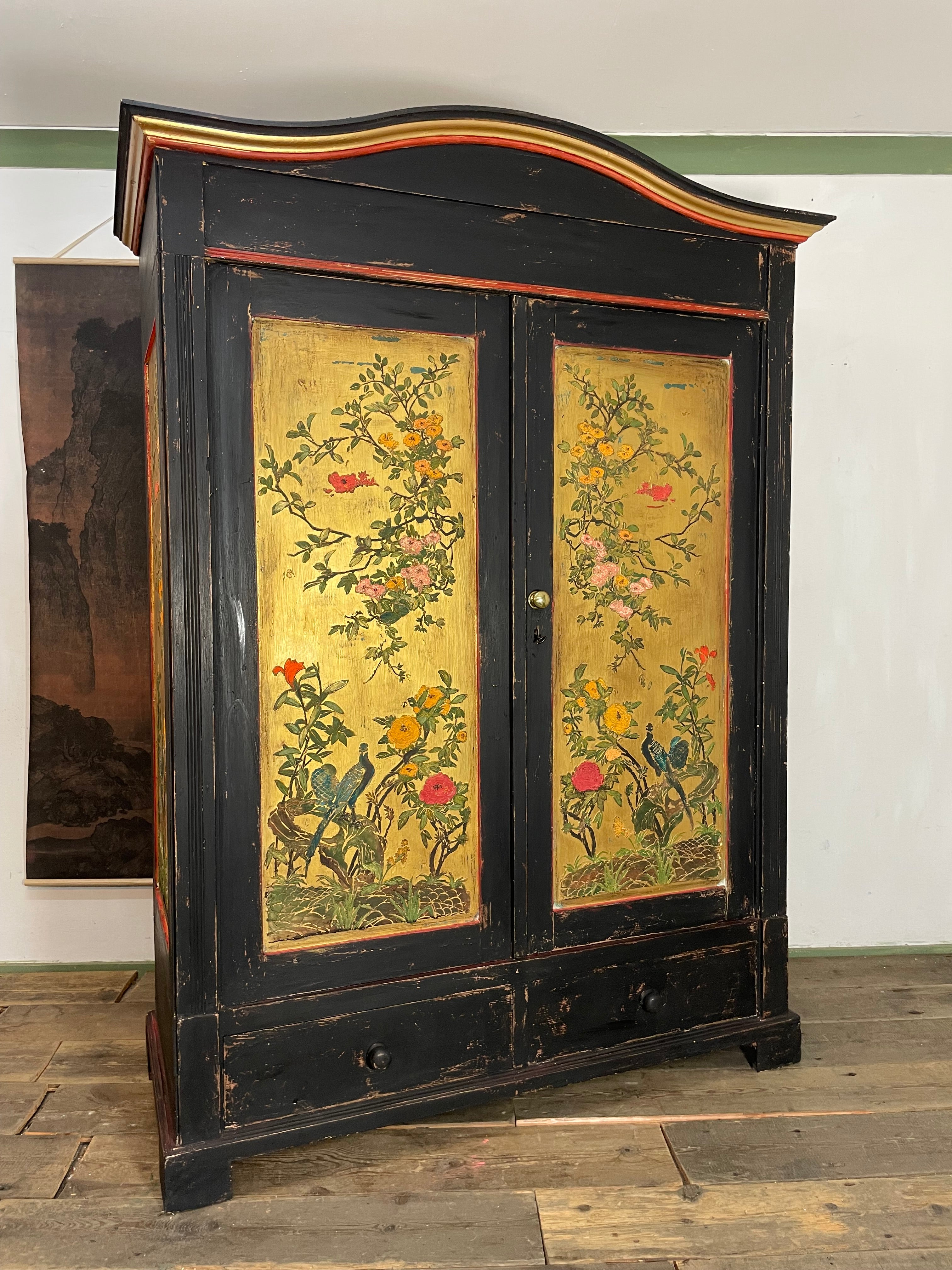 Vintage Knockdown Double Painted Wardrobe with Chinoiserie Panels