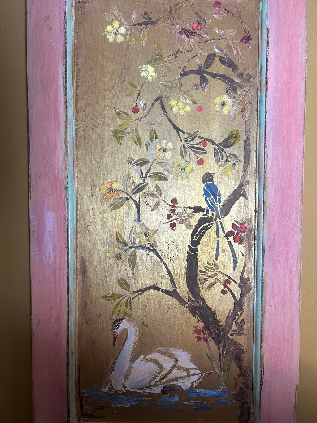 Reclaimed Door Wallhanging with Swan and Bird Chinoiserie