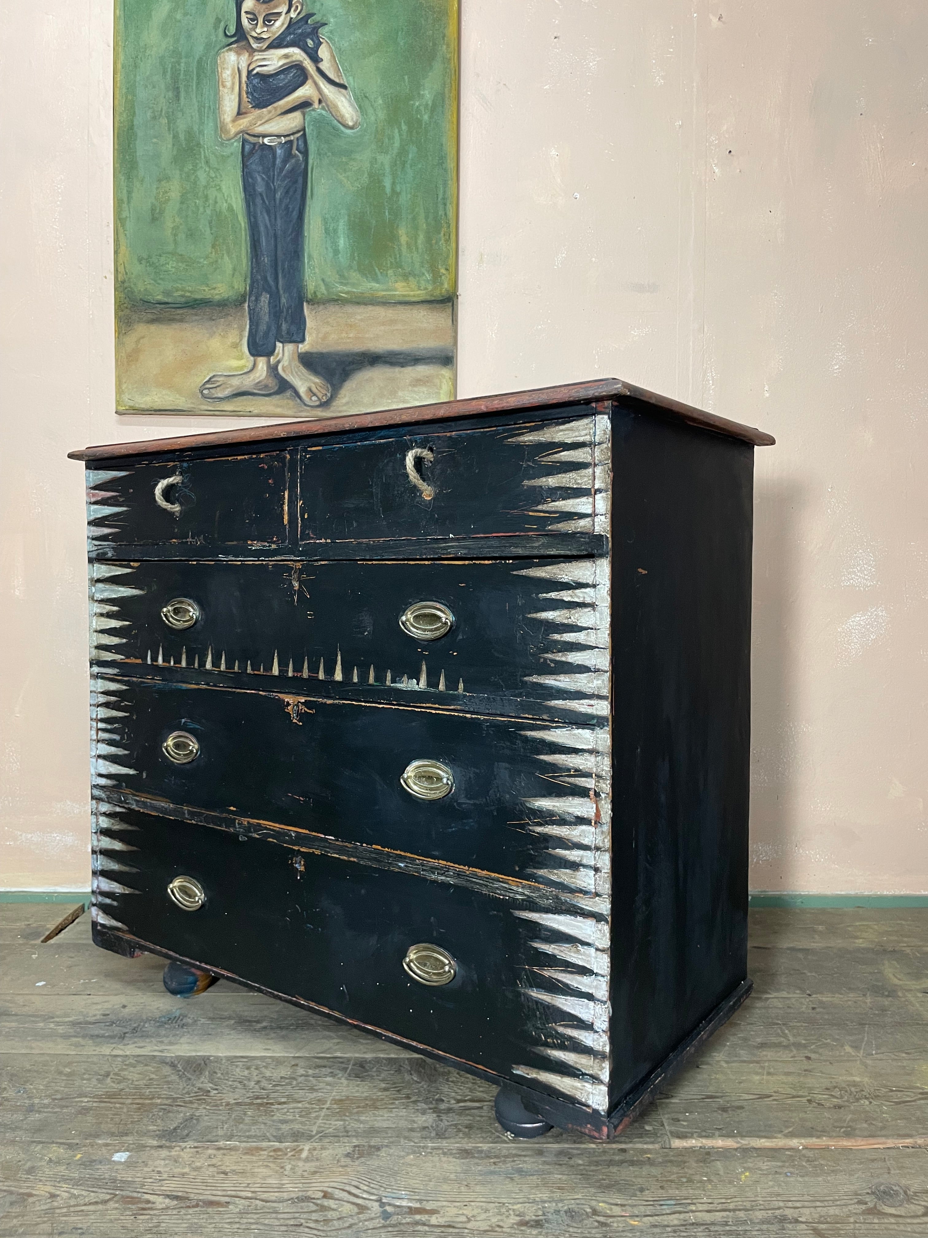 Vintage Painted Pine Folk Art Chest of Drawers