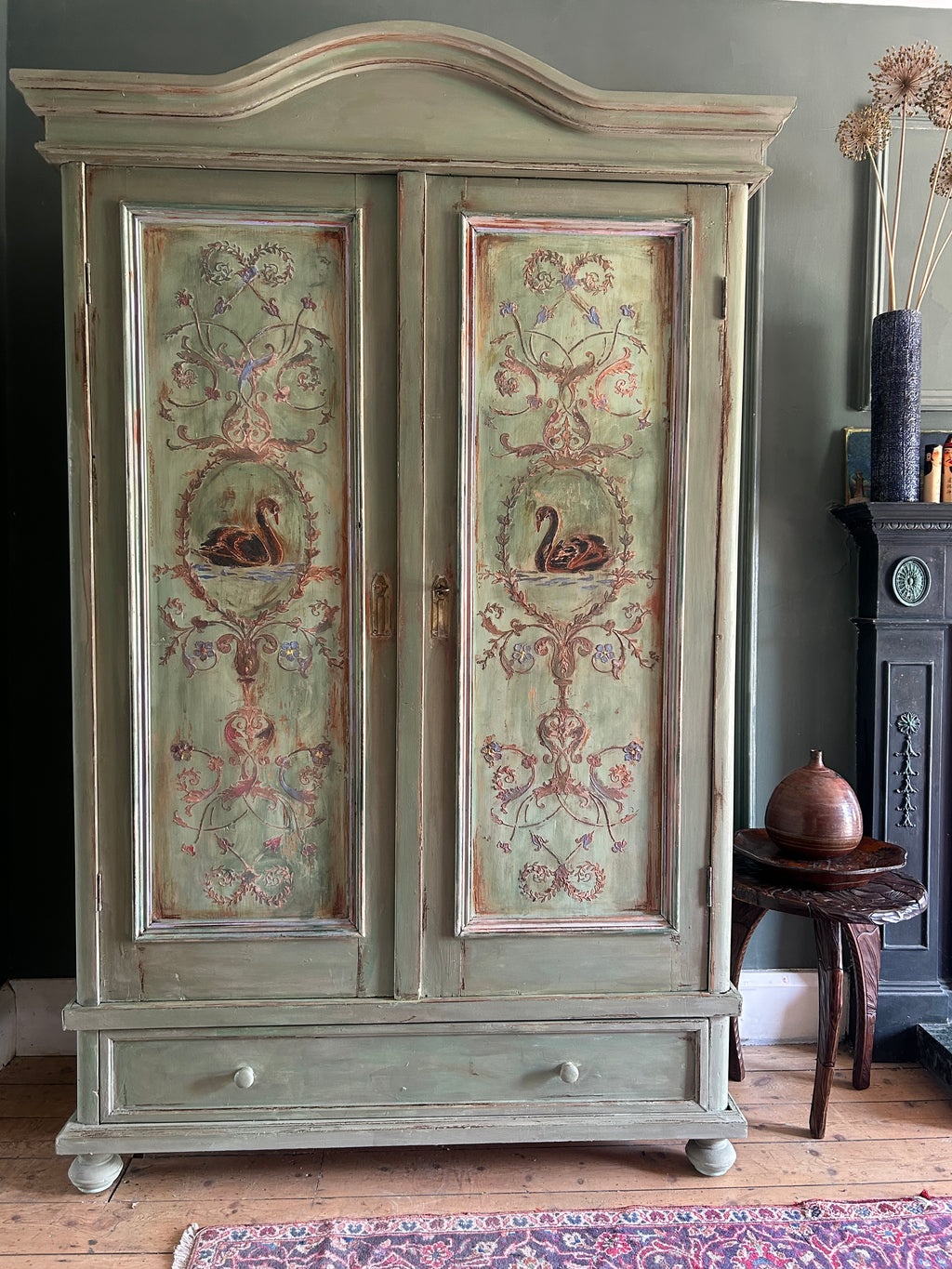 Painted Pine French Wardrobe with Chinoiserie Black Swan